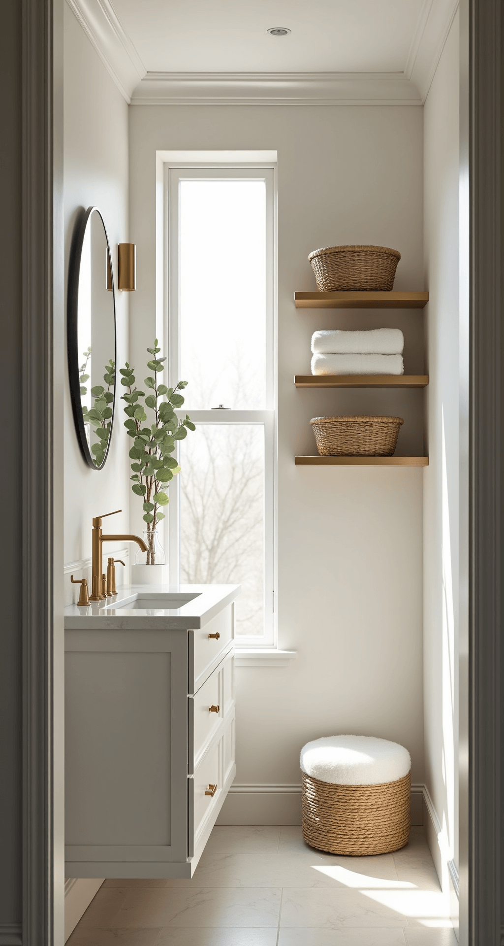 A compact bathroom featuring a sleek floating vanity and oversized round mirror, illuminated by natural light through a frosted window, with warm white walls, brushed gold shelves, and organic seagrass baskets, creating a bright, airy, spa-like atmosphere.