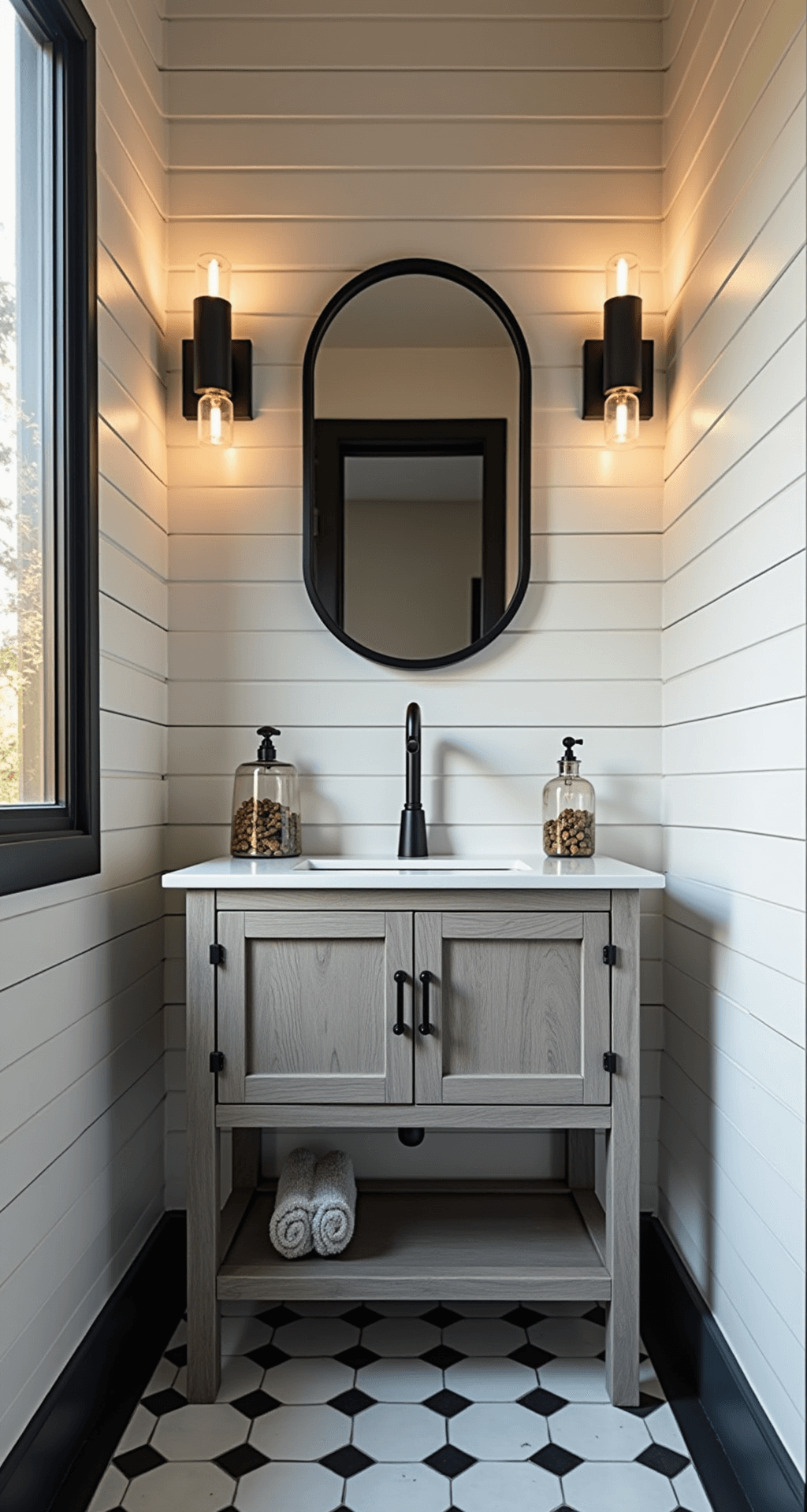 Corner view of a chic 6x6ft powder room featuring a black steel-framed mirror, white shiplap wall, grey weathered oak vanity, and geometric cement floor tiles, with layered lighting creating a sophisticated atmosphere during golden hour.