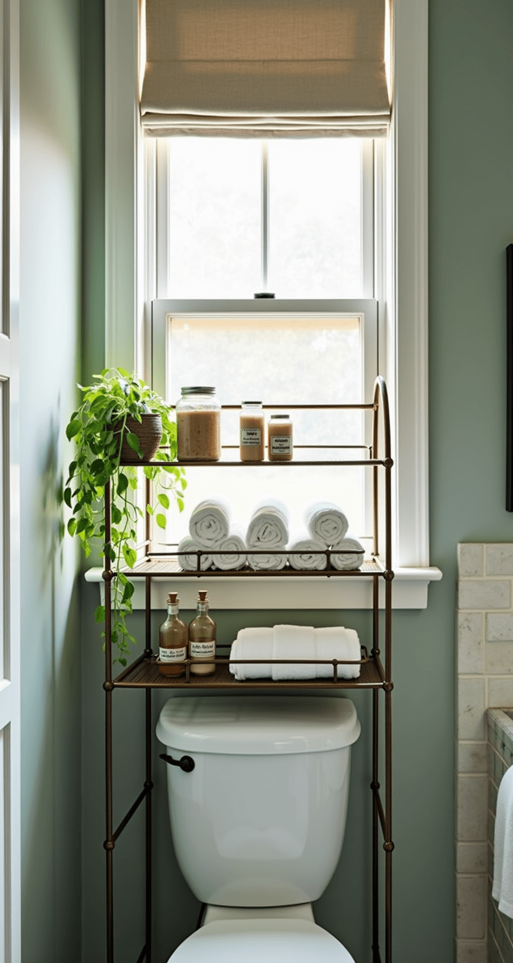Intimate view of a stylish over-toilet storage vignette in a small bathroom, featuring a three-tier brass étagère adorned with rolled white towels and glass apothecary jars, alongside a trailing pothos plant. Morning light filters through a linen roman shade, casting soft illumination onto pale sage green walls and white ceramic subway tile, creating a serene and organized atmosphere.