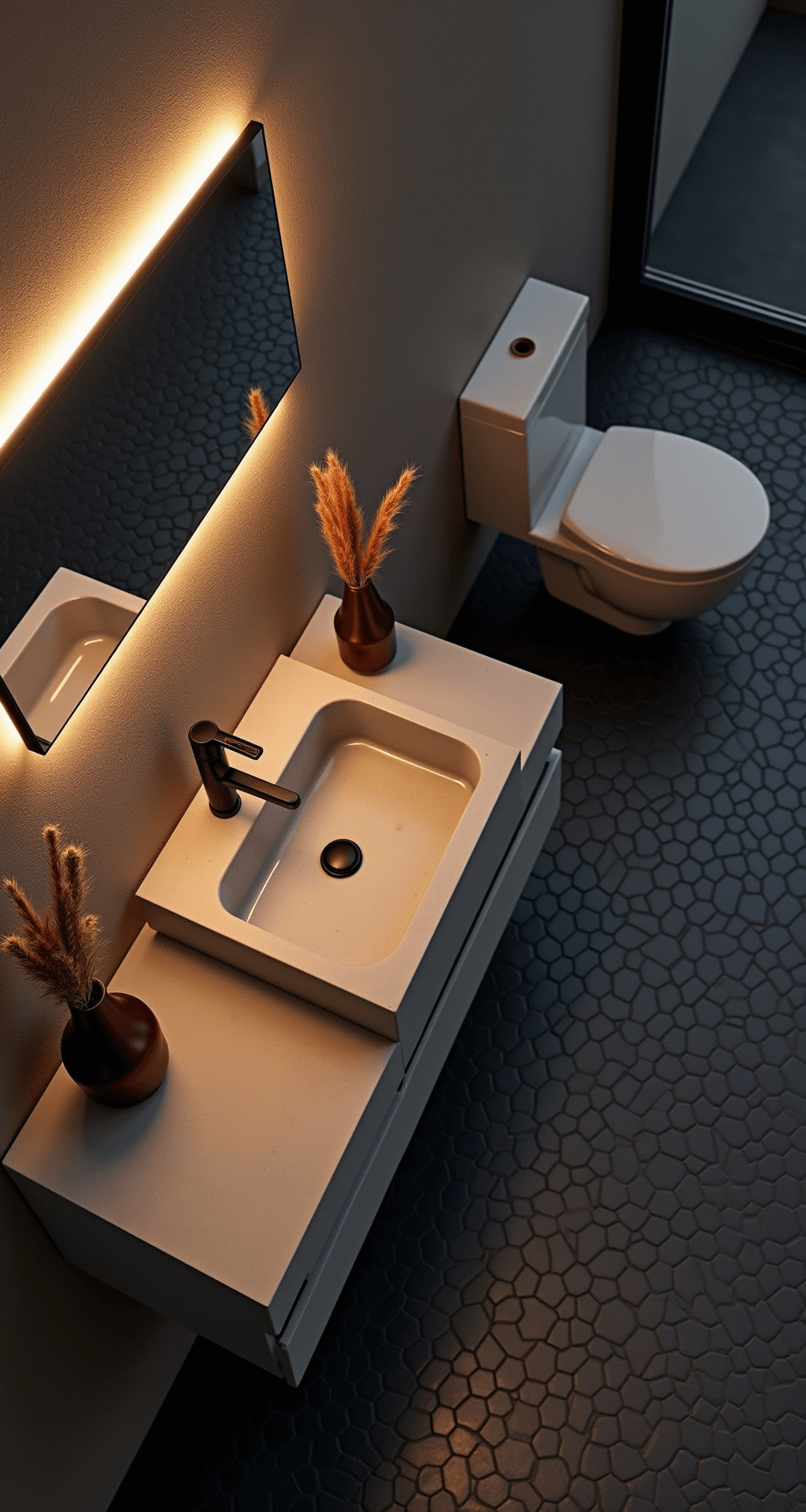 Bird's eye view of a minimalist bathroom featuring a floating concrete vanity, black hexagon tiles, a backlit mirror, and a copper vessel with pampas grass, illuminated by strategic LED lighting at dusk.