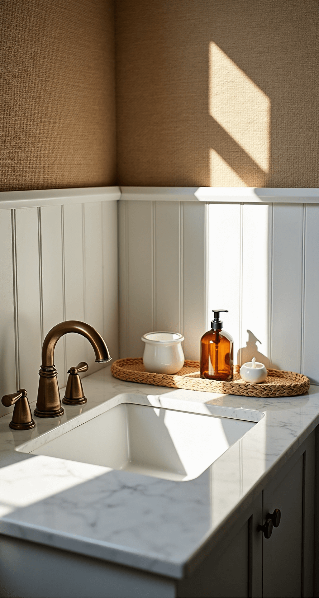 Detail shot of a vanity area showcasing a white marble countertop with an undermount sink and a champagne bronze faucet, illuminated by afternoon light that casts dramatic shadows; textured sandy beige grasscloth wallpaper above bright white beadboard, a rattan tray holding an amber glass soap dispenser and white ceramic accessories, captured at 50mm with a shallow depth of field.
