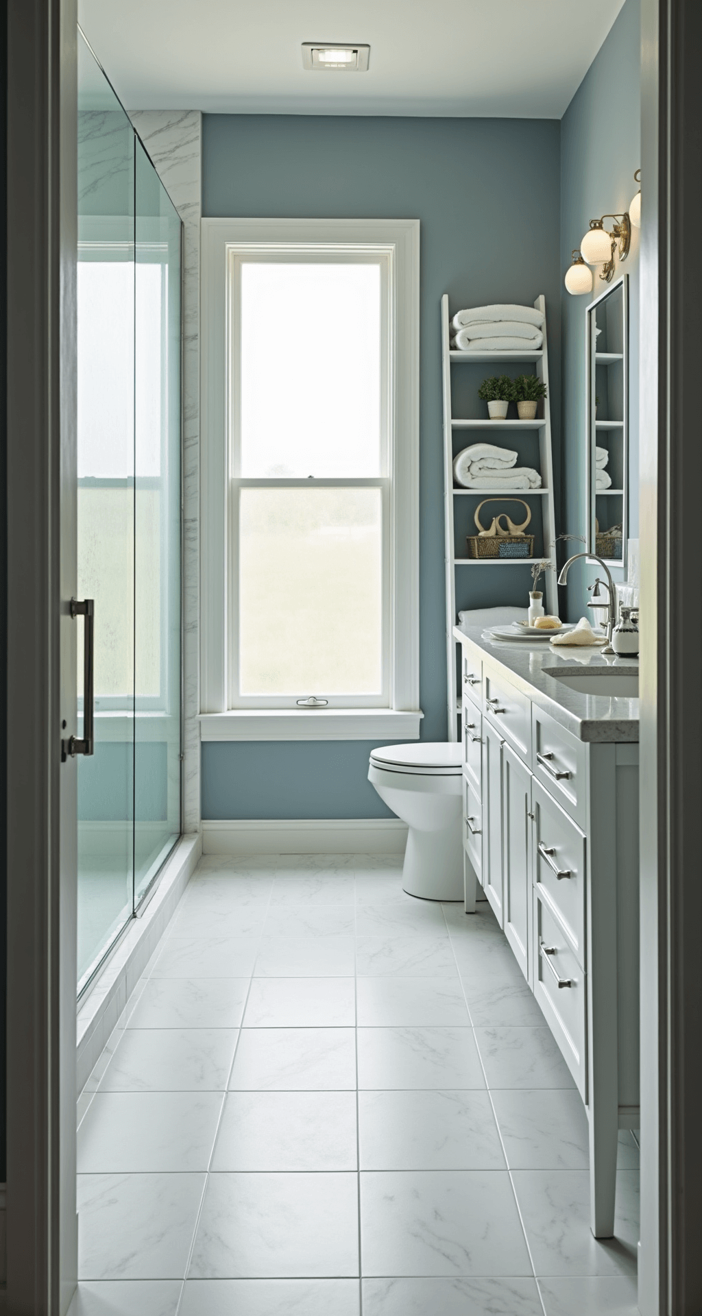 A transformed 6x8ft bathroom featuring pale blue-grey walls, large marble-look porcelain tiles, and diffused daylight through privacy glass, with vertical storage from a white ladder shelf and floating cabinets, accented by brushed nickel hardware and styled with white and grey linens.