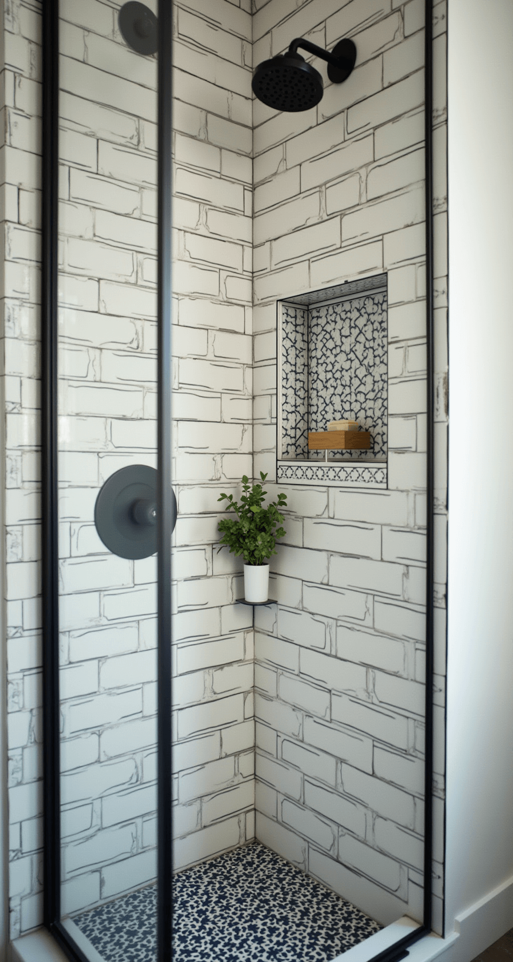 Artistic view of a shower nook in a contemporary bathroom, showcasing floor-to-ceiling white subway tiles with dark grout, matte black fixtures, and a frameless glass panel, illuminated by late morning light. A built-in shelf displays artisanal soap and eucalyptus, while geometric navy and white floor tiles add to the graphic feel. Shot focusing on texture.