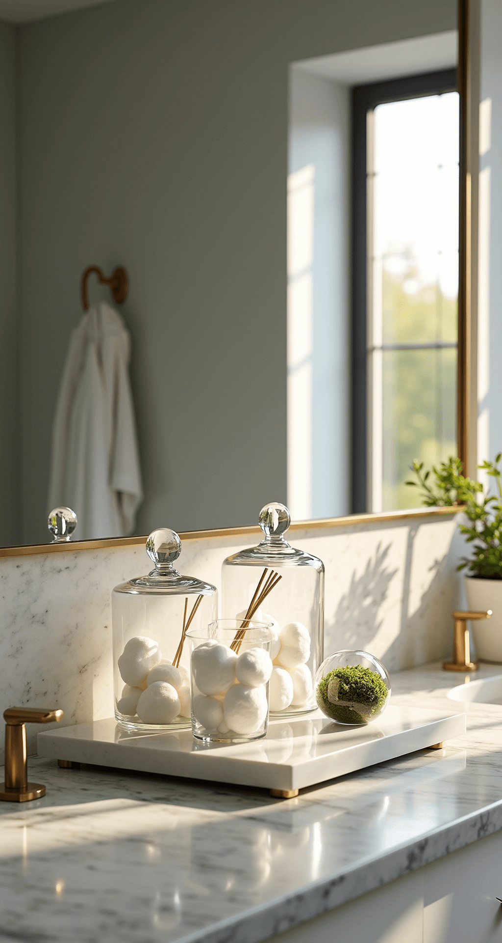 A sunlit modern bathroom counter featuring a 6-foot marble countertop, chrome fixtures, and an oversized frameless mirror, adorned with three glass apothecary jars on a white marble tray, filled with cotton balls and bamboo swabs, along with a petite preserved moss terrarium, all set in a cool gray and white palette with brass accents.
