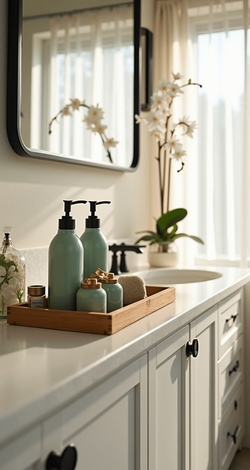 Wide-angle view of a spa-inspired bathroom vanity featuring a cream quartz double-sink counter, sage green ceramic dispensers on bamboo trays, a delicate orchid in a glass vase, and soft morning light filtering through sheer curtains, with matte black hardware against white cabinetry.