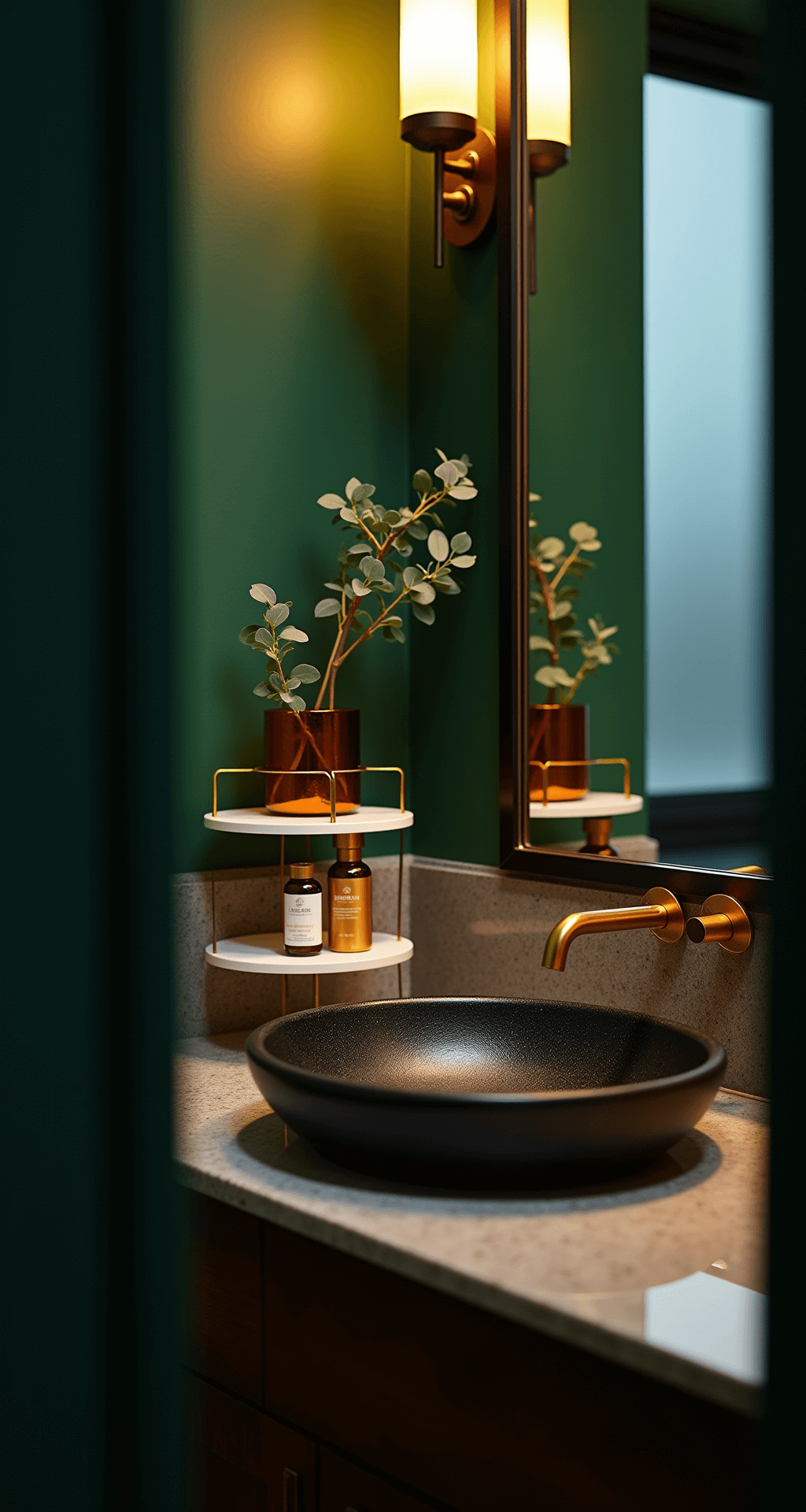 Intimate detail of a luxury bathroom counter at dusk featuring a black granite oval sink with a gold faucet, an acrylic organizer of amber glass skincare products, a small eucalyptus bundle in a copper vessel, warm LED lighting, and rich emerald green walls reflected in the mirror, all captured with a shallow depth of field.