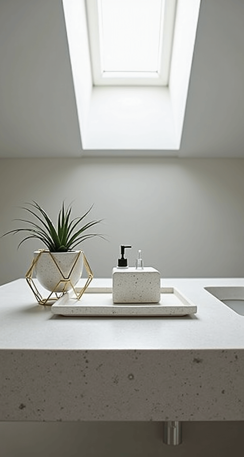 A minimalist bathroom counter featuring a pale gray floating concrete vanity, white ceramic tray with a stone soap dispenser and toothbrush holder, and a single air plant in a brass holder, illuminated by diffused natural light from a skylight, with a monochromatic color palette and subtle texture variations.