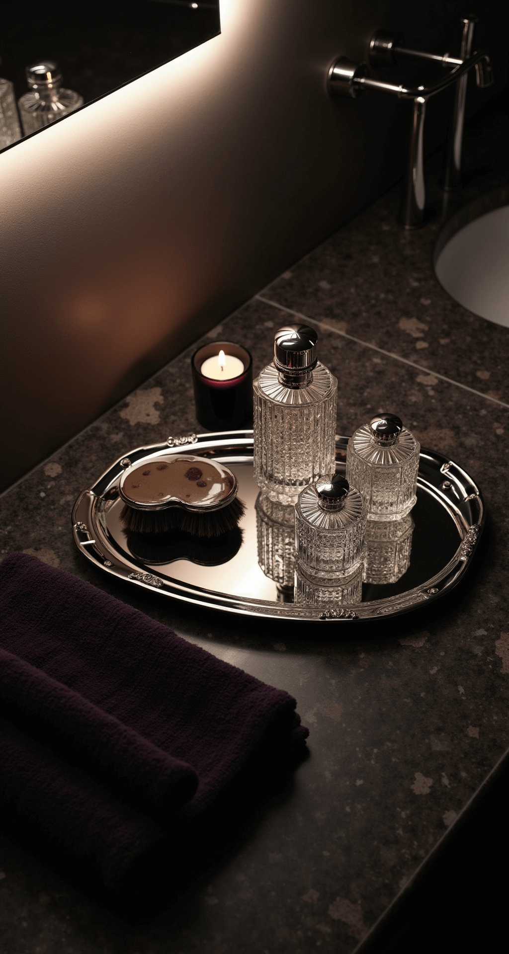 A beautifully styled bathroom counter viewed from above at midnight, featuring a dark marble surface with undermount lighting, crystal perfume bottles, a silver-backed brush set on a mirrored tray, a black candle casting a flame reflection in the vanity mirror, and deep purple hand towels, all highlighted by low-key lighting that enhances the elegant textures and reflective elements.