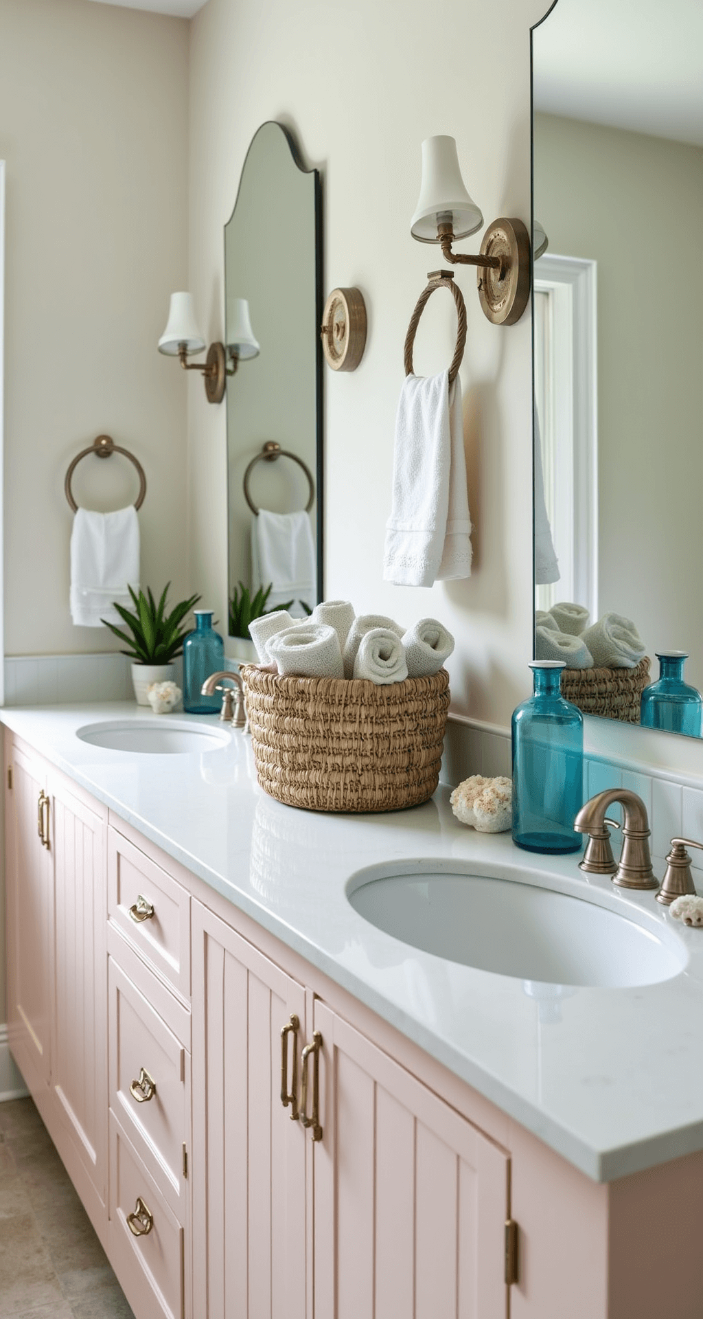 Coastal-inspired bathroom counter featuring a 7-foot white quartz surface with shell pink undertones, adorned with a sea grass basket of rolled Turkish towels, blue glass vessels, and coral specimens, complemented by a small potted palm, all illuminated by bright, airy lighting.