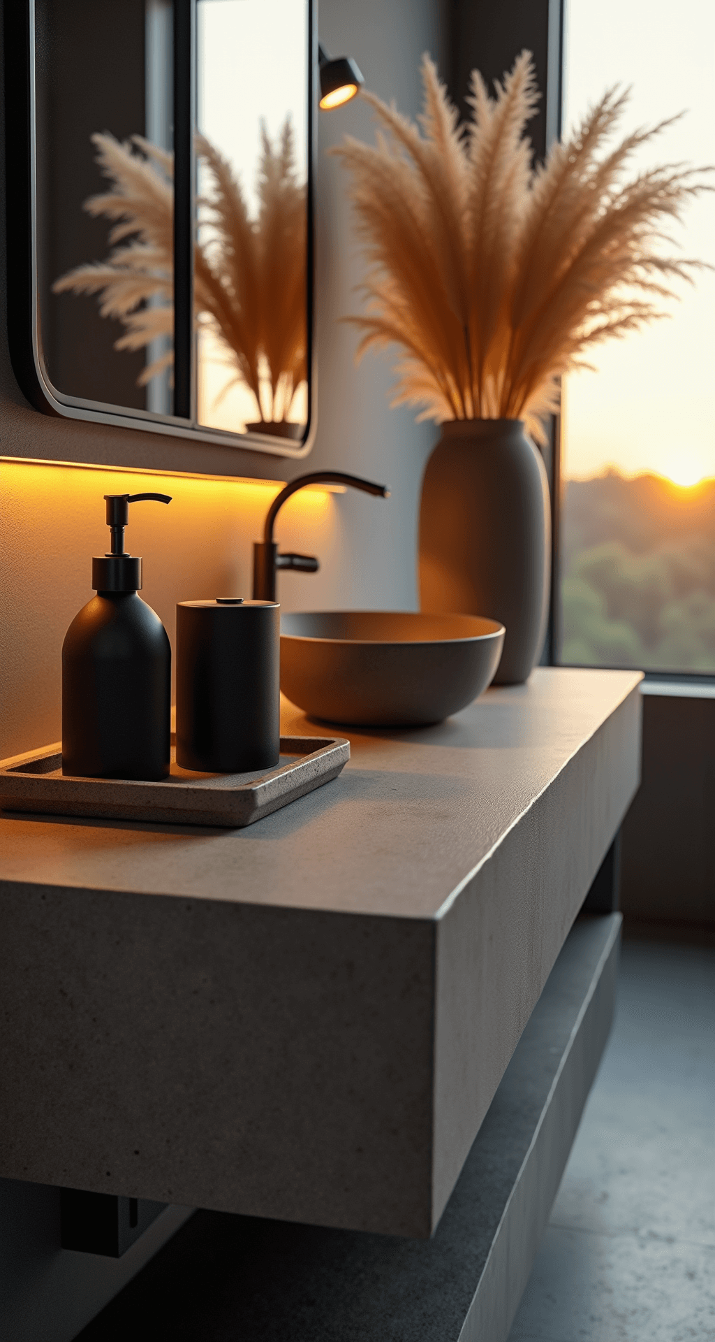 Contemporary bathroom counter featuring a 5-foot warm gray concrete vanity with integrated sink, matte black accessories on a geometric cement tray, and a tall cylinder vase with dried pampas grass, captured at sunset with warm light and cool LED accents, highlighting textural details.