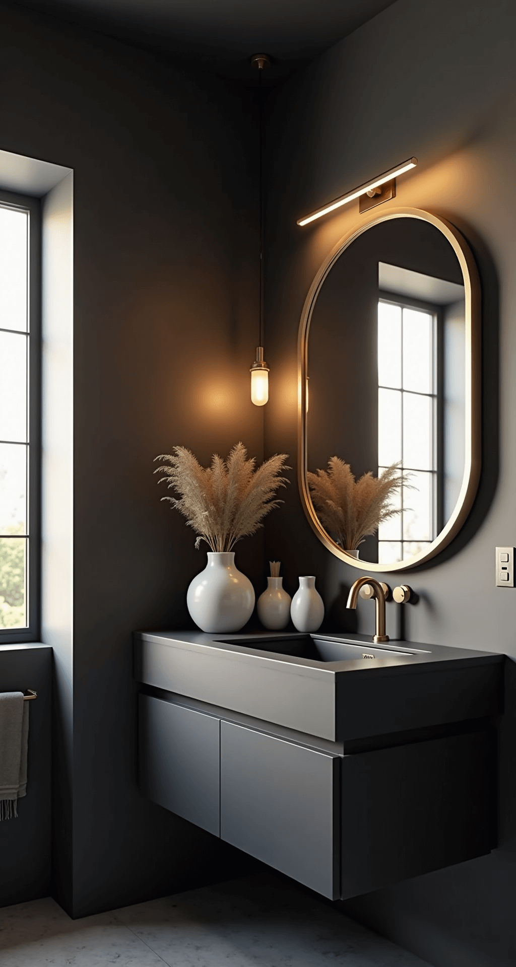 Guest Bathroom Decor: Transform Your Space in Just a Few Hours Modern minimalist powder room featuring dramatic charcoal walls, brushed gold fixtures, and a geometric mirror above a matte black floating vanity, accented by three varied-height matte white ceramic vases with pampas grass. Warm light from a linear sconce complements natural light from the window, enhancing the space's depth and elegance.