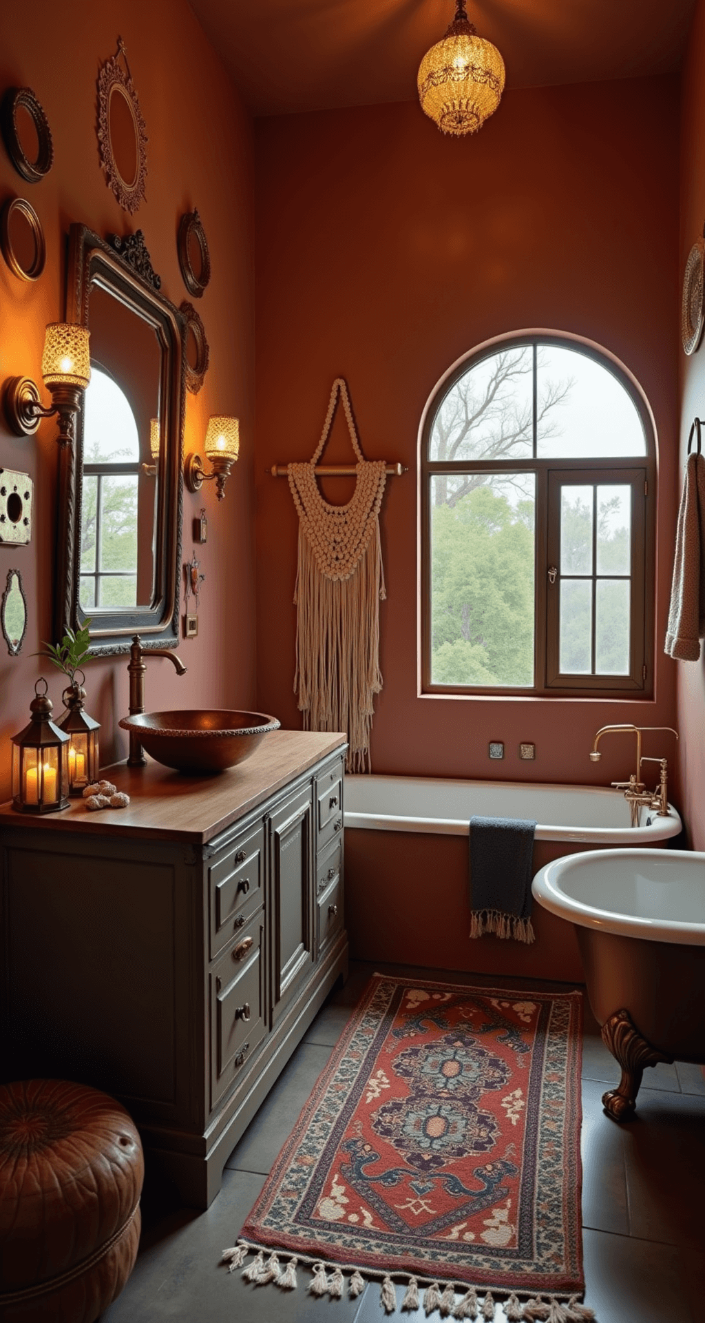 Guest Bathroom Decor: Transform Your Space in Just a Few Hours A cozy, Bohemian-inspired bathroom with terra cotta walls, vintage brass mirrors, a distressed wooden vanity with a hammered copper sink, and a clawfoot tub. The scene is illuminated by brass lanterns and hidden LED strips, creating a moody atmosphere. A macramé wall hanging frames an arched window, while layered vintage rugs in rust and indigo complement the space. The low camera angle highlights the ceiling height and romantic softness of the twilight setting.