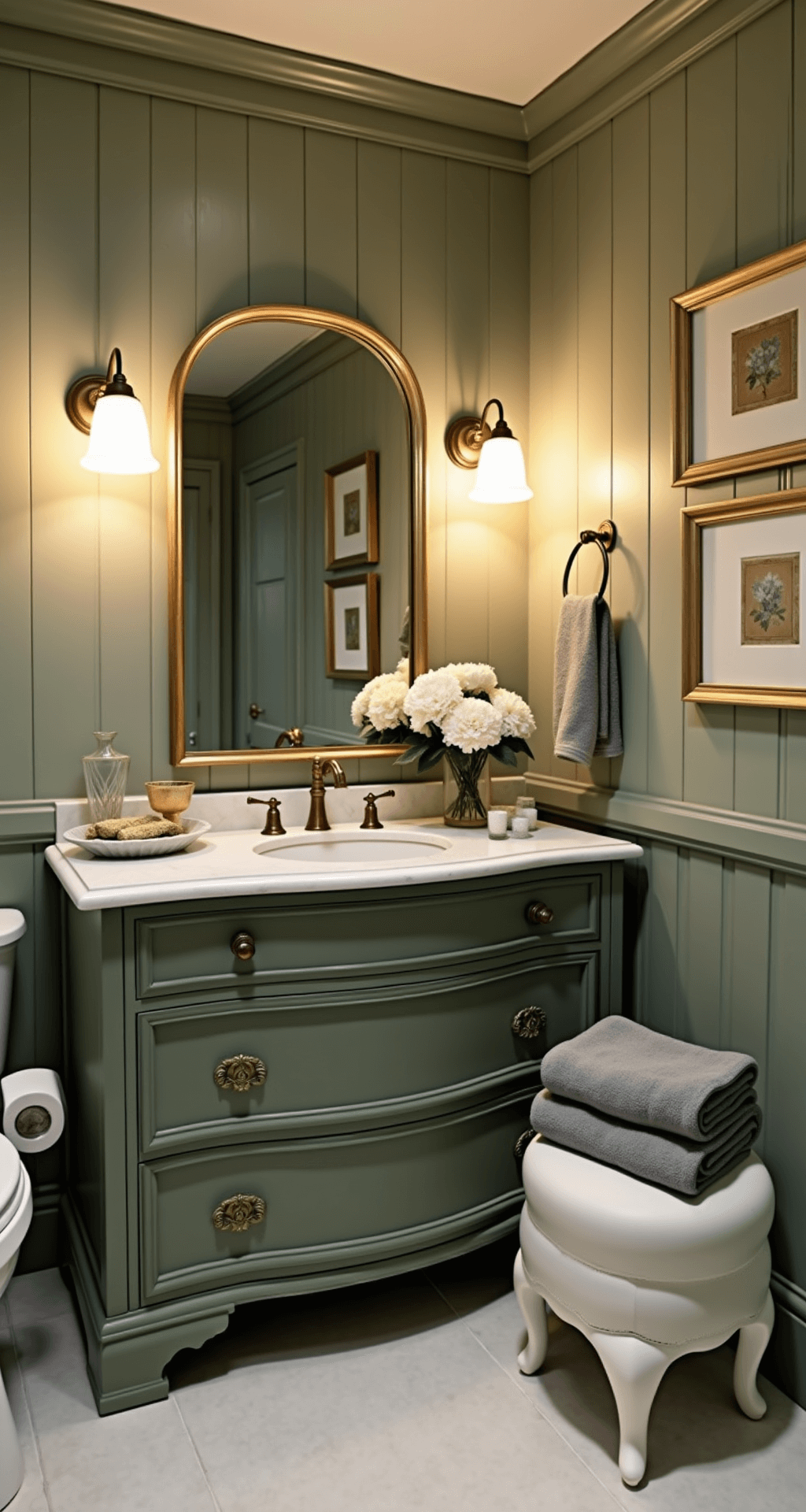 Guest Bathroom Decor: Transform Your Space in Just a Few Hours Transitional bathroom with sage green board and batten walls, featuring an antiqued brass vanity mirror and marble-topped vintage dresser as a vanity. White garden stool holds gray Turkish towels, while mercury glass accessories reflect warm light. Botanical prints in gold frames create a gallery wall, with warm sconces and concealed LED strips enhancing the intimate atmosphere. Shot slightly above eye level at f/2.8.