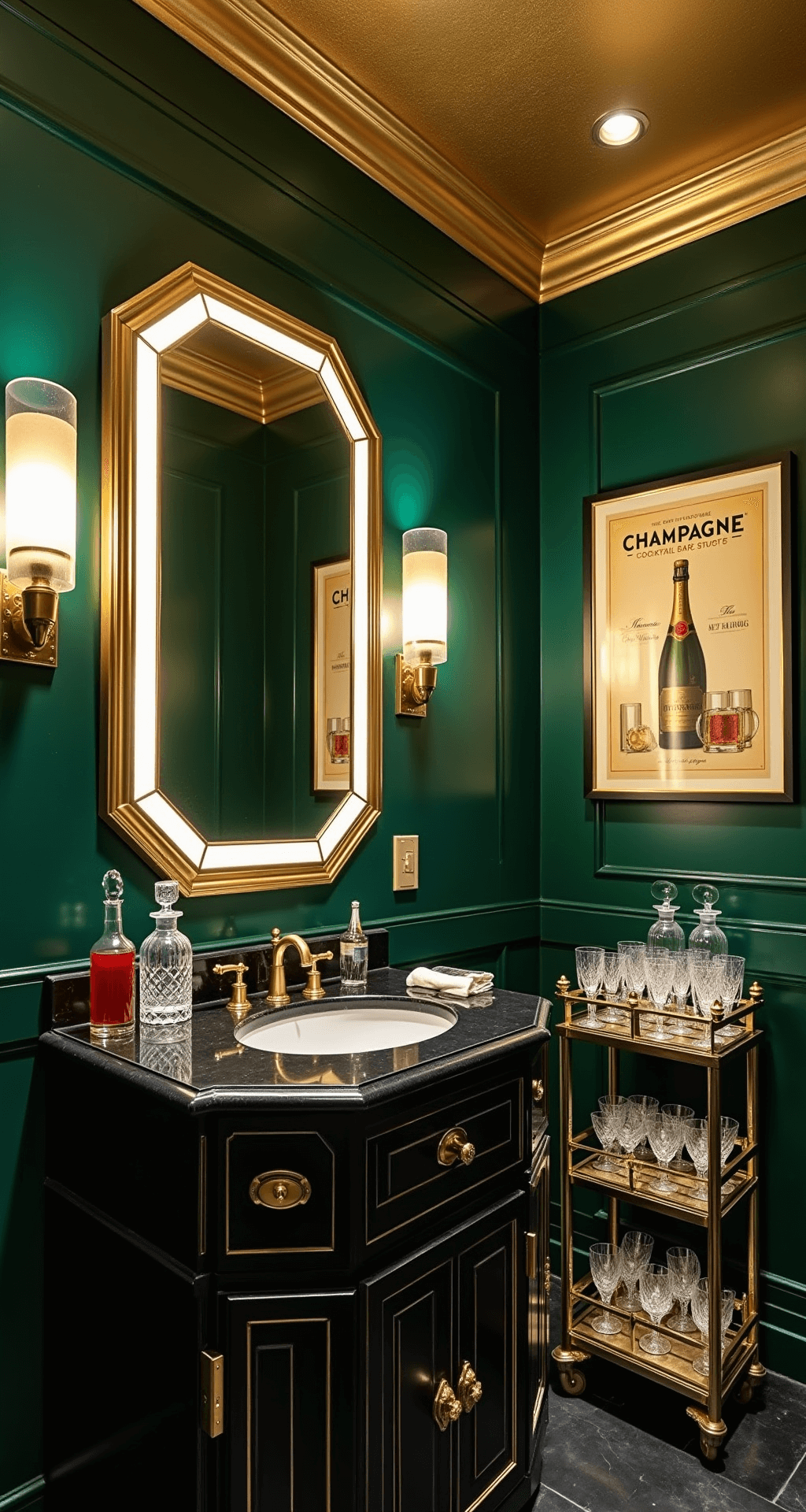 Guest Bathroom Decor: Transform Your Space in Just a Few Hours Art Deco revival powder room featuring deep emerald walls with a gold geometric pattern, an octagonal black marble vanity with brass trim, and dramatic lighting from angular sconces. The space includes cut crystal decanters on a brass bar cart, vintage champagne artwork, and a stepped ceiling with concealed lighting, all shot at hip height to emphasize the ceiling detail.