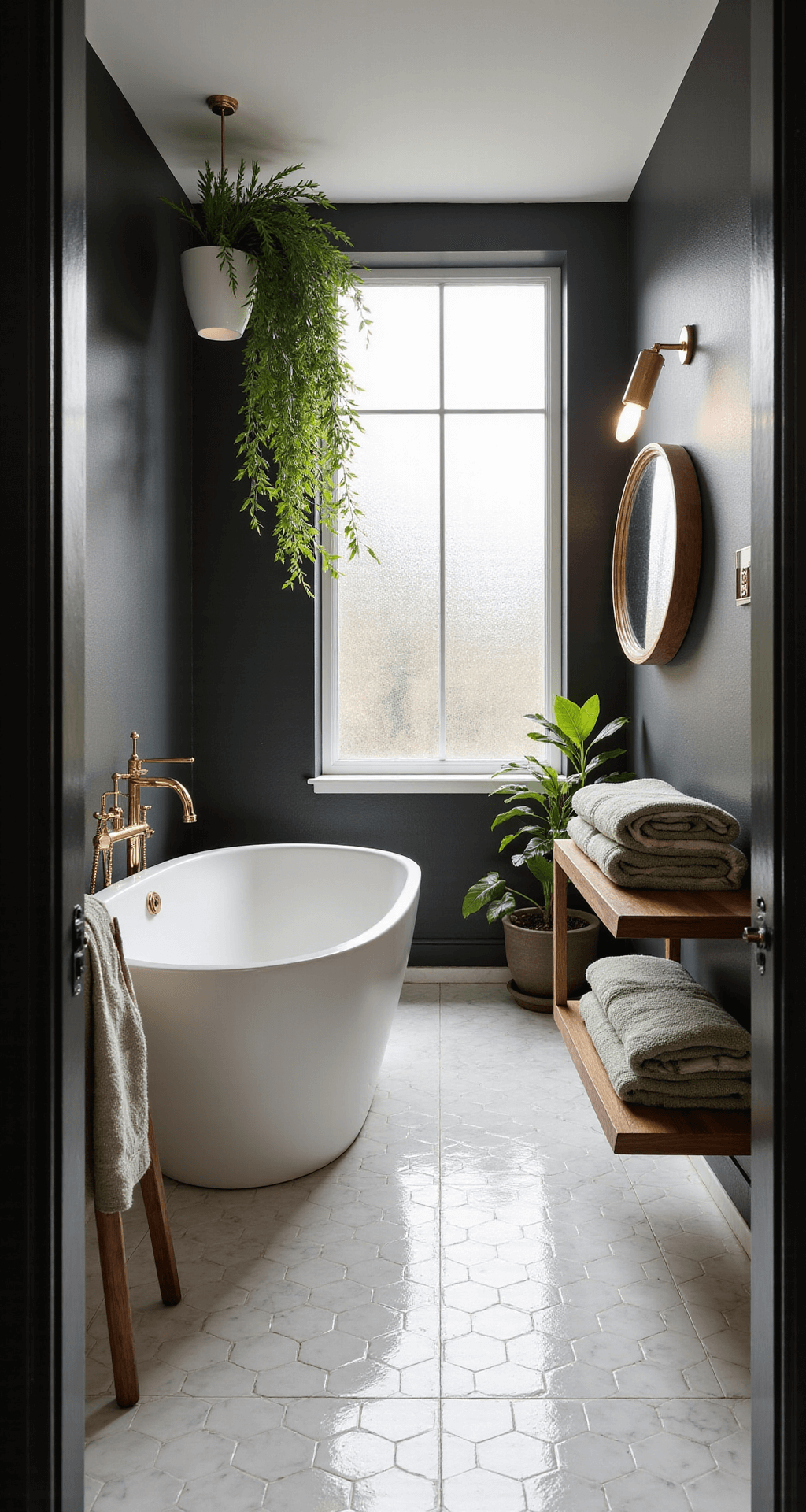 A modern luxurious bathroom featuring a freestanding white oval tub against a black accent wall, illuminated by morning light through a frosted window. Brass fixtures, a cascading monstera plant, stacked sage green and cream Turkish towels on a teak ladder, and marble hexagon floor tiles complement a floating vanity with a backlit round mirror, creating a serene, spa-like atmosphere.
