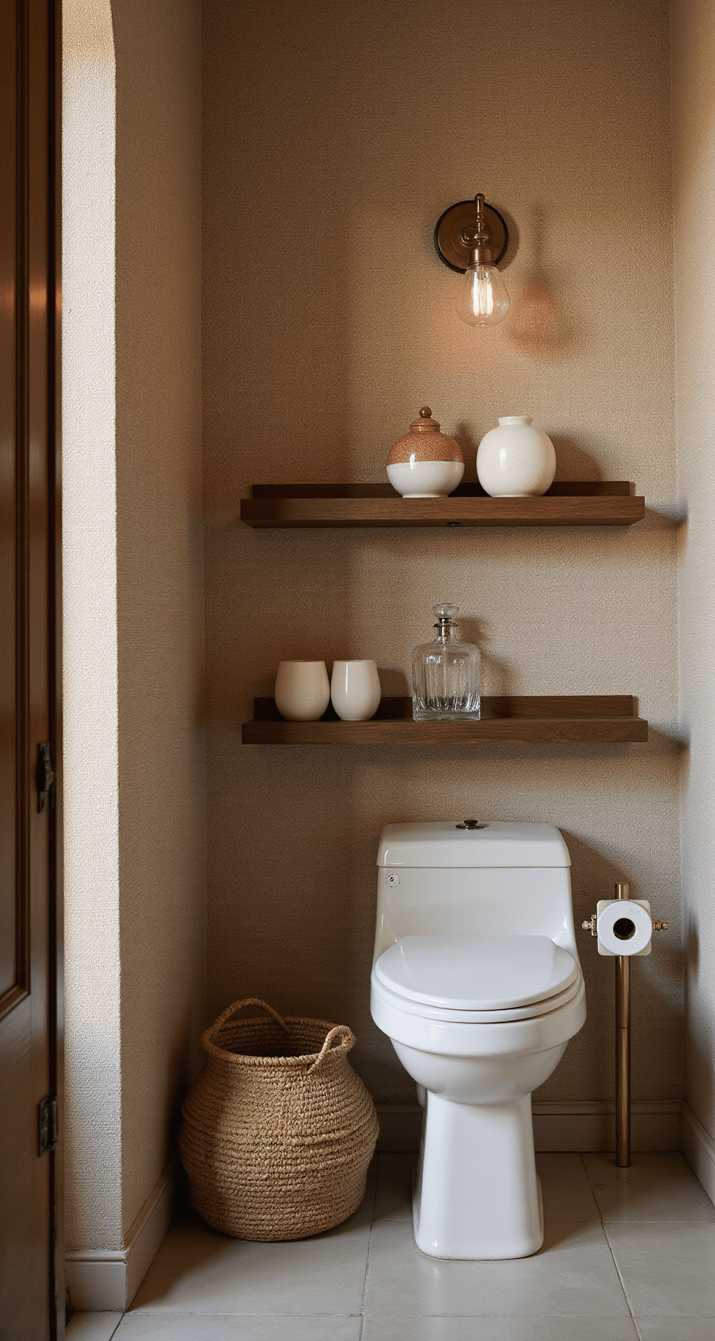 Intimate corner of a powder room featuring a handwoven seagrass basket under a walnut floating shelf with matte white and speckled terra cotta vessels, warm greige grasscloth wallpaper, a vintage brass sconce casting light, and a crystal decanter reflecting afternoon sunlight.
