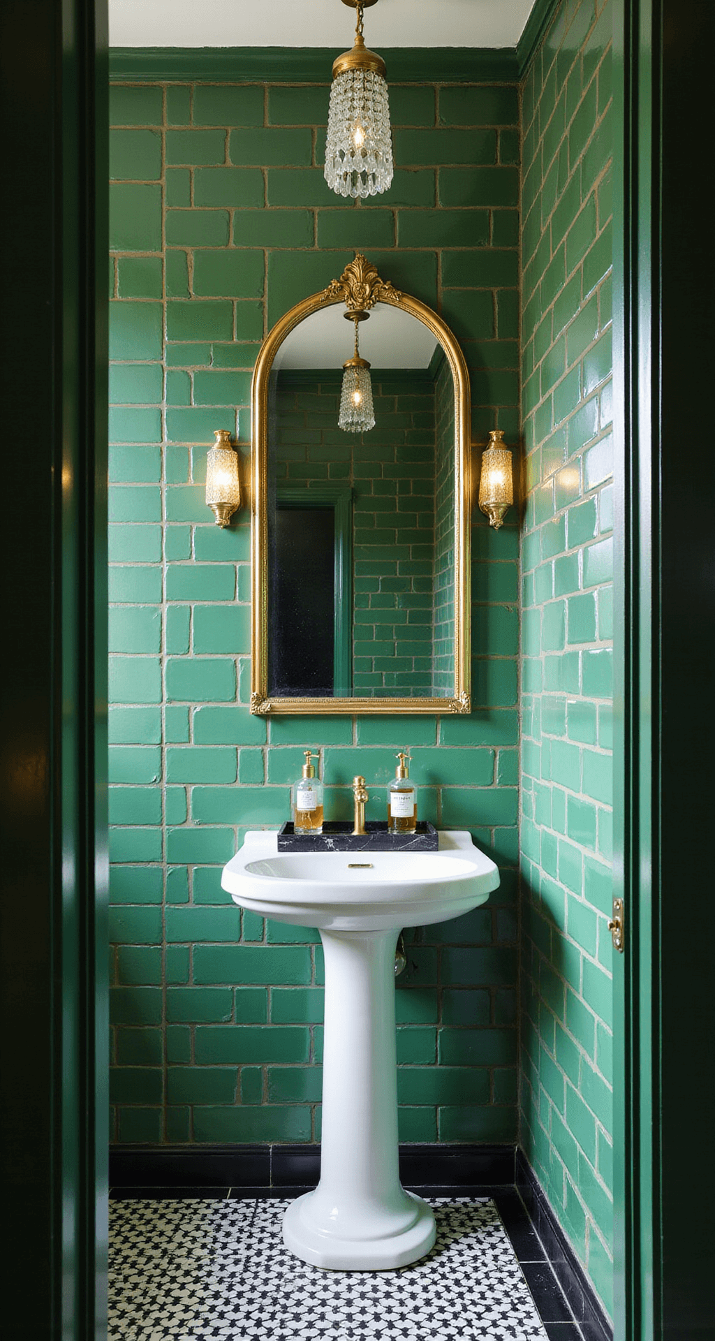 Art deco guest bath featuring emerald green subway tiles with gold grout, black and white geometric floor tiles, a brass-framed arched mirror, and a white pedestal sink with a black marble tray of vintage perfume bottles, illuminated by a crystal pendant casting light patterns.