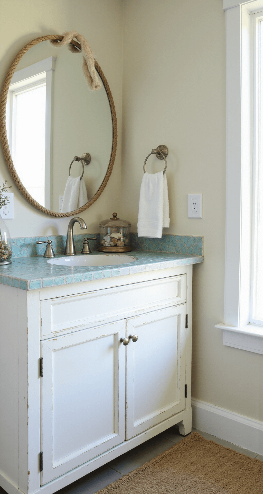 Coastal bathroom corner featuring a whitewashed wood vanity with pale blue glass mosaic tiles, a rope-wrapped mirror, a weathered oar towel holder, and a sea glass collection in a clear hurricane vase, set on a natural jute rug, all bathed in soft evening light with a dreamy bokeh effect.