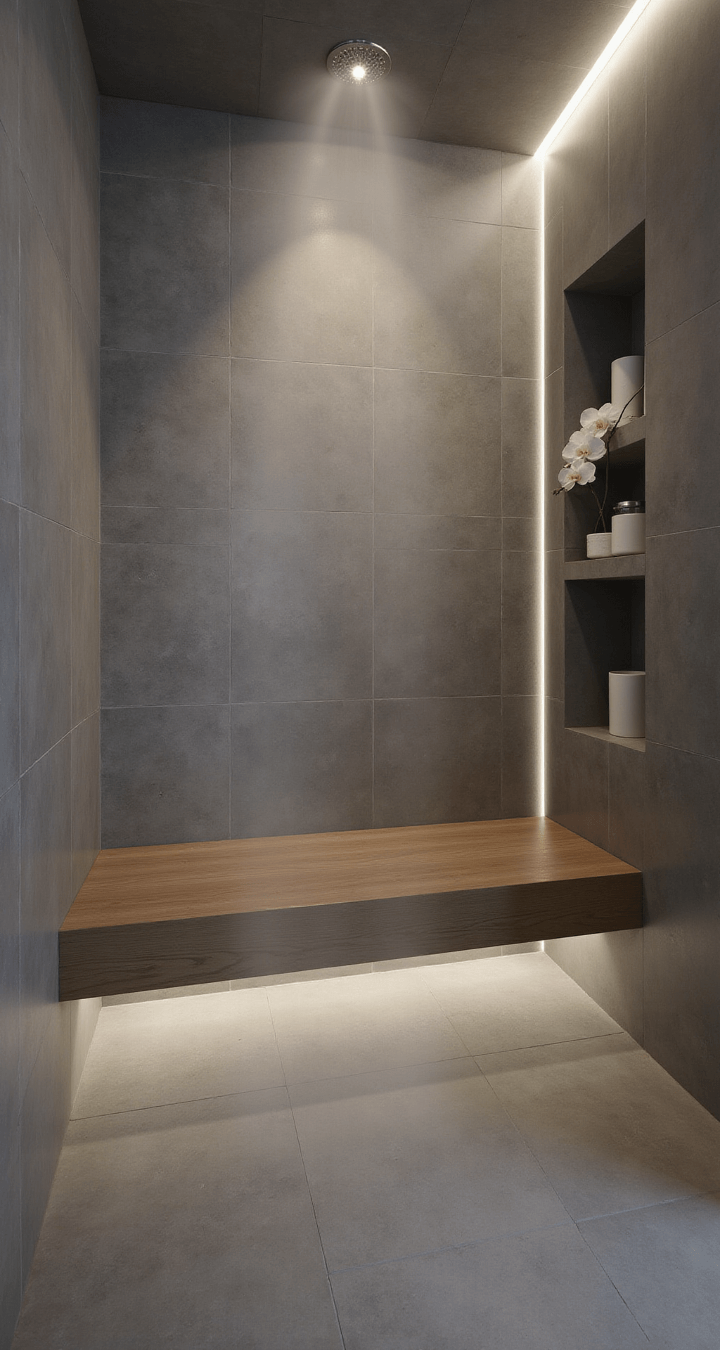 A serene contemporary spa bathroom featuring steam, with gray porcelain tiles, a floating teak bench, and a rainfall shower. A minimalist niche displays white stone accessories and a fresh orchid, illuminated by ethereal LED strip lighting, creating a zen and meditative atmosphere.