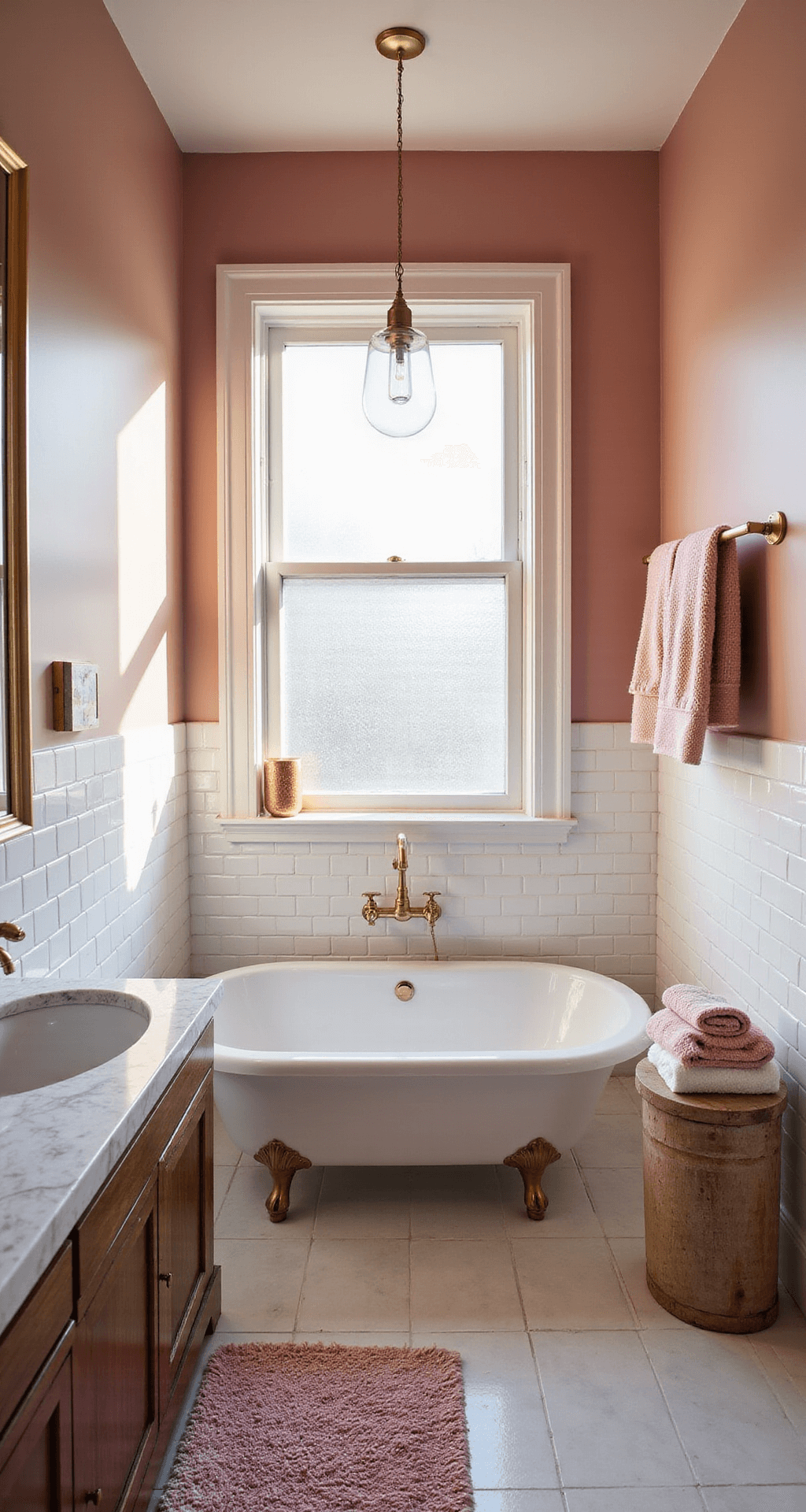 A modern bathroom with a blush pink accent wall, white subway tiles, and a freestanding oval tub under a brass pendant light, captured during golden hour. Features include marble countertops, a chunky pink bath mat, and waffle-weave towels in varying pink tones, with a gold-framed mirror reflecting light from a frosted window, all emphasizing the room's height and serene mood.