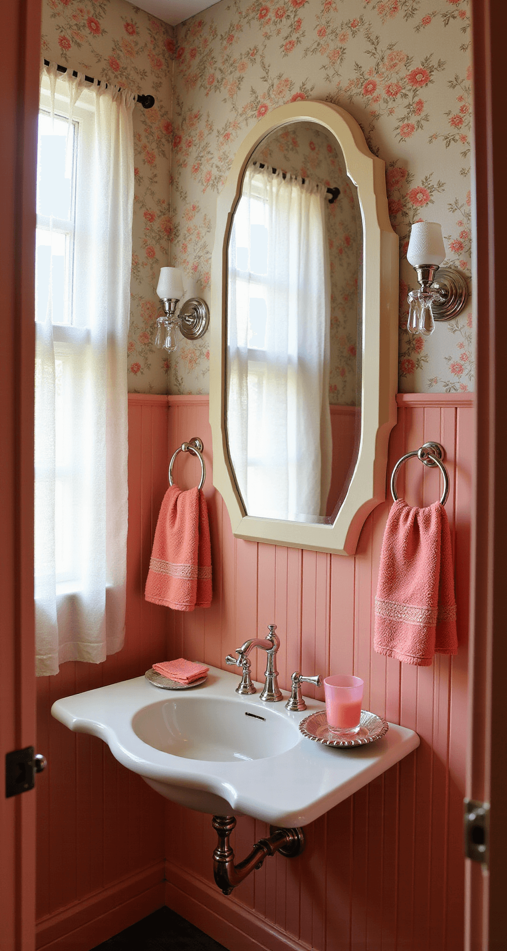 Intimate vintage-inspired powder room featuring salmon pink beadboard wainscoting, floral wallpaper, art deco-style vanity, crystal sconces, and pink depression glass accessories, illuminated by morning light filtering through cafe curtains.