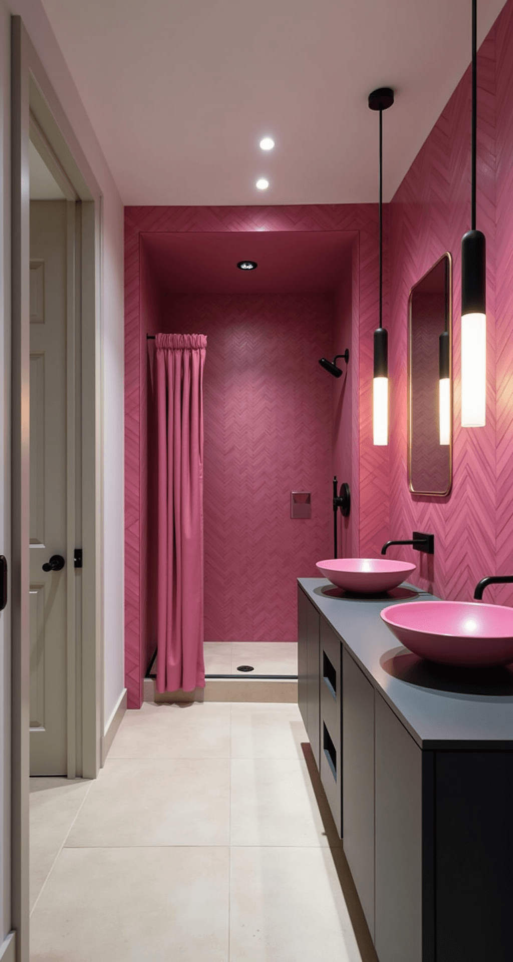 Contemporary master bathroom at twilight featuring hot pink geometric statement wall, matte white walls, charcoal gray double floating vanity with pink vessel sinks, oversized walk-in shower with black hardware and pink ombré curtain, and dramatic brass uplighting, viewed from bedroom doorway.