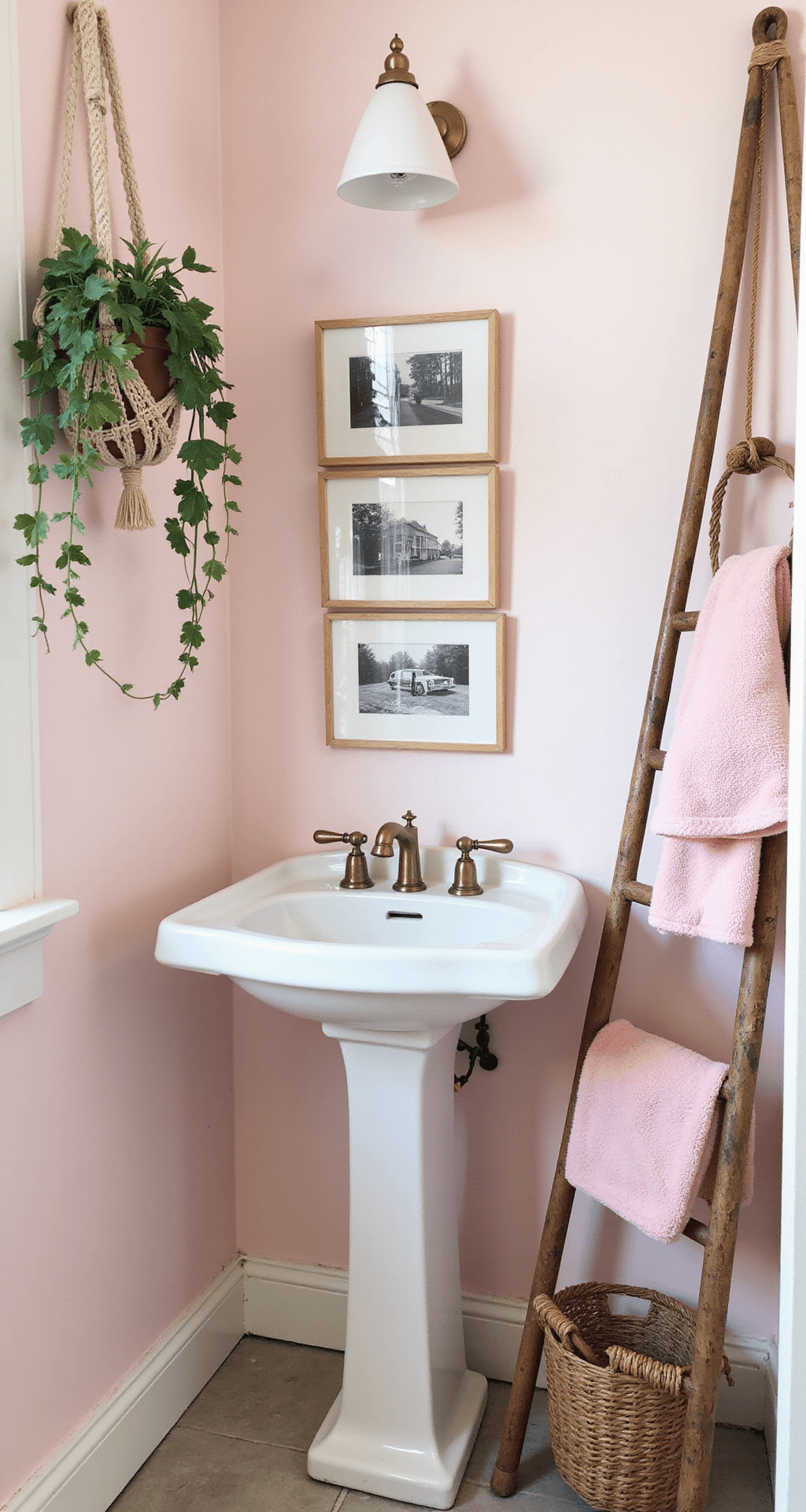 Cozy guest bathroom featuring pastel pink walls and white trim, a vintage pedestal sink with brass fixtures, and a gallery wall of black and white photographs in pink frames, complemented by a macramé plant holder with ivy and a rattan storage ladder displaying fluffy pink towels, all captured in natural light.