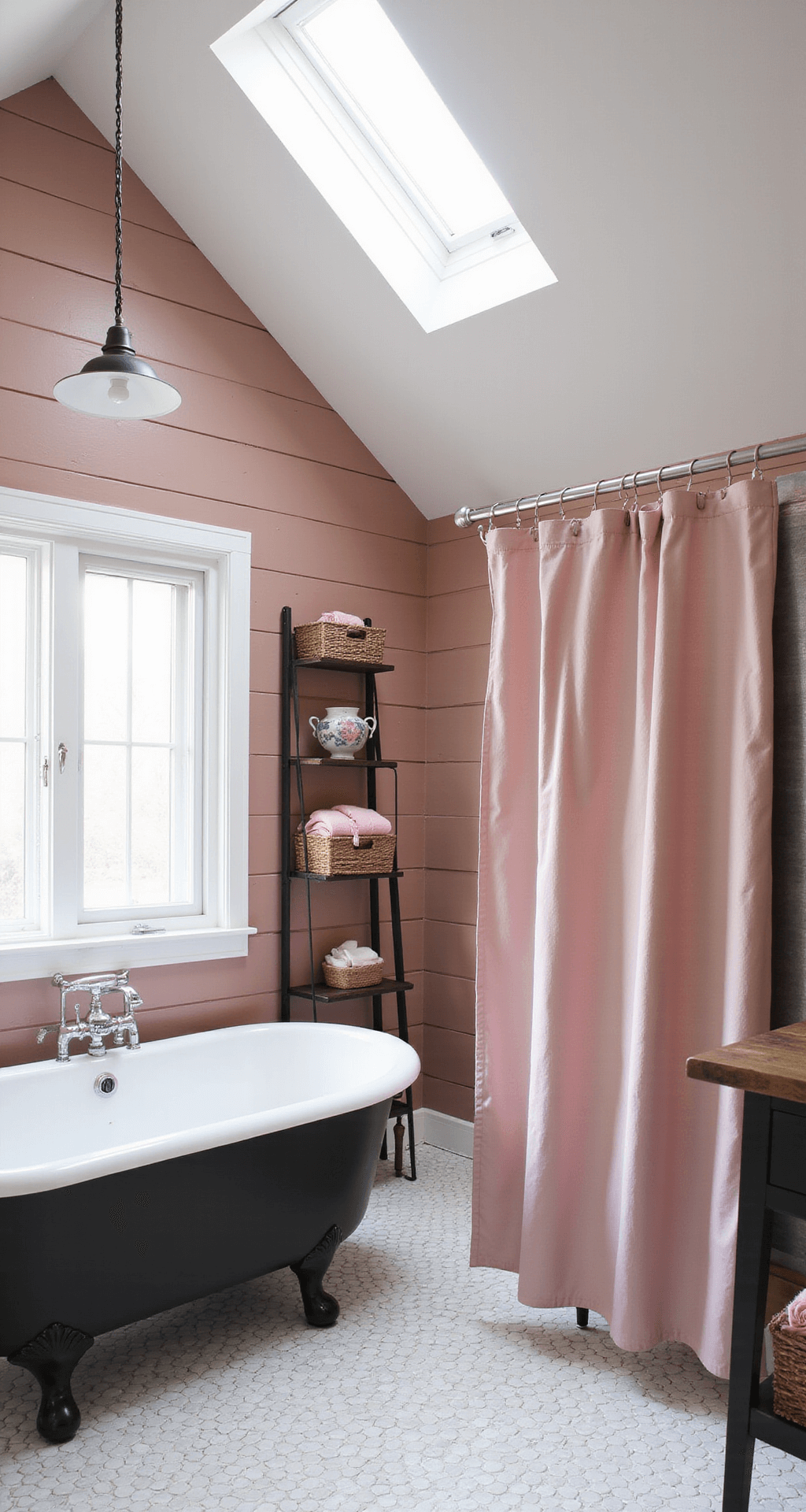 Modern farmhouse bathroom featuring vaulted ceilings with shiplap walls in dusty rose, white penny tile flooring, a matte black clawfoot tub with a pink shower curtain, an industrial black ladder shelf with woven baskets and pink accessories, all illuminated by diffused natural light from a skylight.