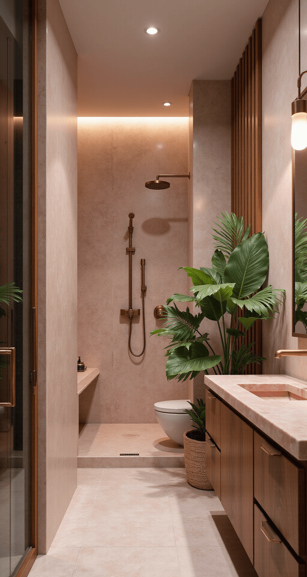 Luxurious spa bathroom at dusk featuring pearl pink Venetian plaster walls, marble tile shower, backlit white oak vanity with pink quartz countertop, brass fixtures, tropical plants, and dramatic accent lighting.