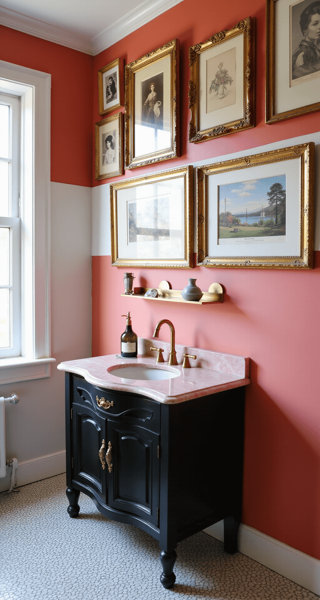 Eclectic 8x8ft bathroom featuring color-blocked coral pink and white walls, black and white penny tile floor, a glossy black Victorian-style vanity with pink marble top, mixed metal accessories, a maximalist gallery wall of vintage prints in gilt frames, and strong directional afternoon light.