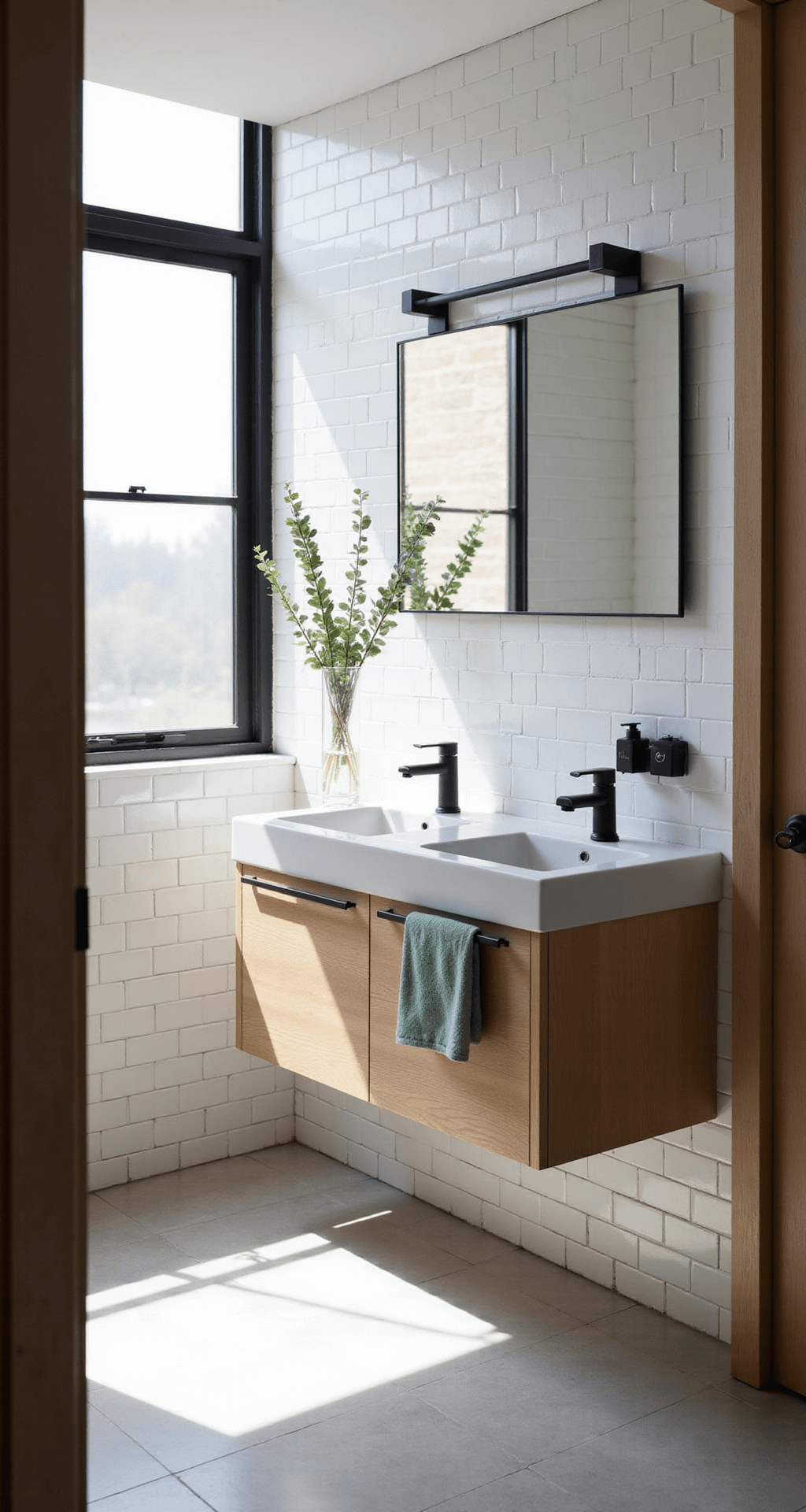 A modern bathroom filled with morning light, featuring white subway tiles, gray penny tile flooring, a floating double vanity with quartz countertops, black faucets, and stylish decor including sage green towels and a eucalyptus vase.