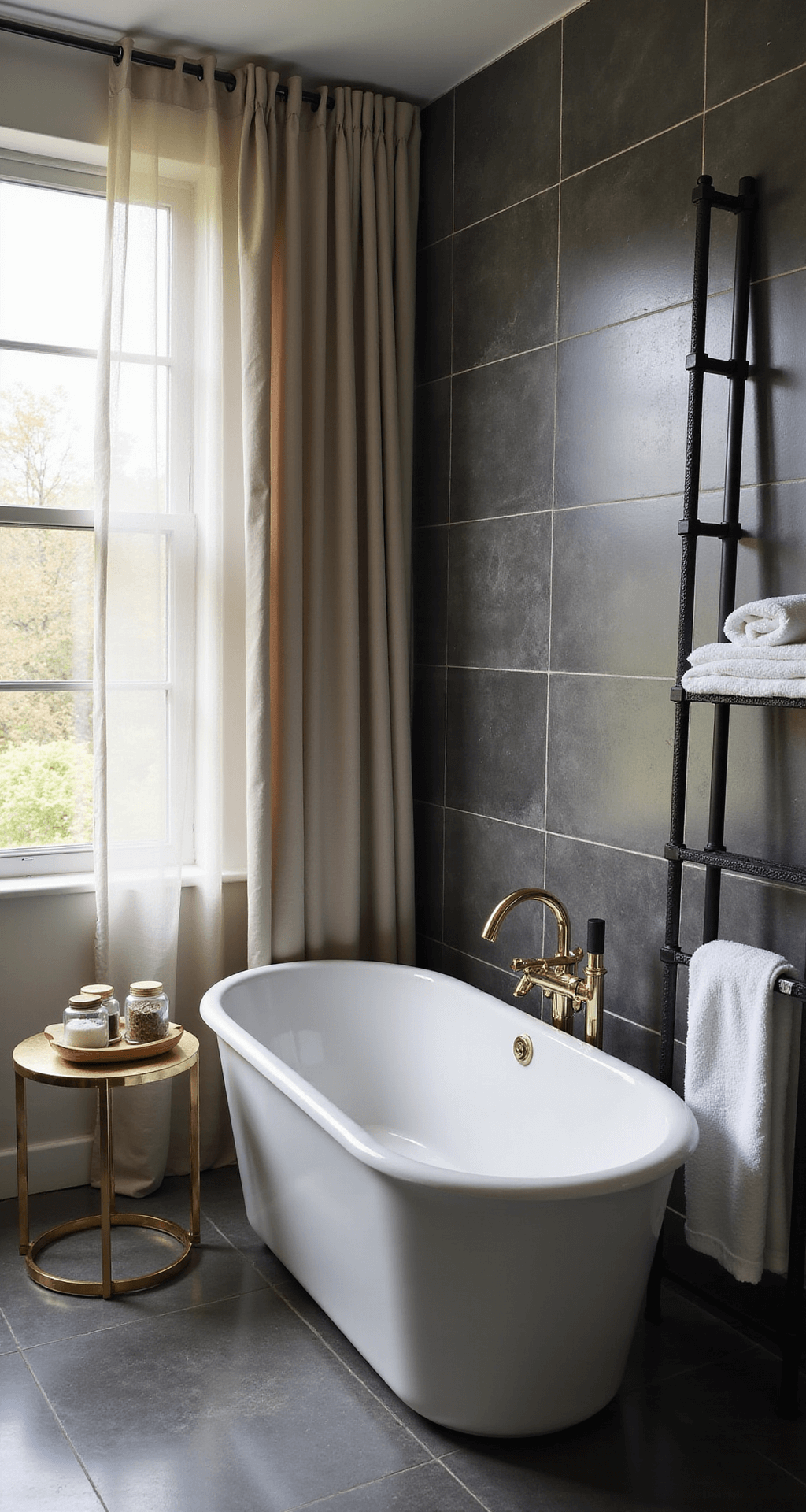 An intimate bathroom corner featuring a freestanding oval soaking tub against a large-format charcoal porcelain tile wall, with late afternoon sunlight filtering through sheer linen curtains. A round brass side table displays a wooden bath caddy with glass containers of bath salts, while plush white Turkish cotton towels are neatly rolled on a black metal ladder shelf nearby. The image captures the interplay of light and texture, emphasizing the tub as the focal point.
