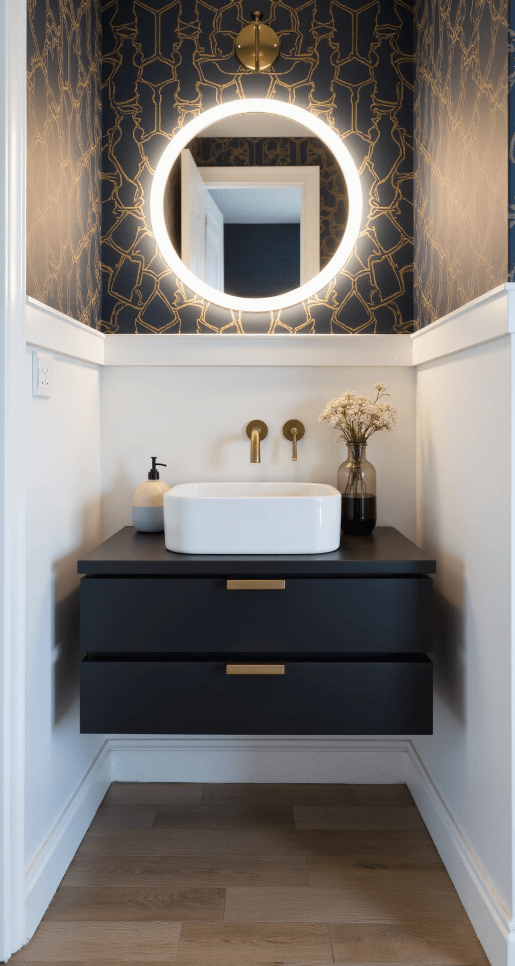 A modern 6x8ft powder room with geometric navy and gold wallpaper, white wainscoting, a matte black floating vanity with brass hardware and a white vessel sink, circular LED-backlit mirror, and hand-thrown ceramic accessories in cream and dusty blue, captured at vanity height with dramatic mood lighting.