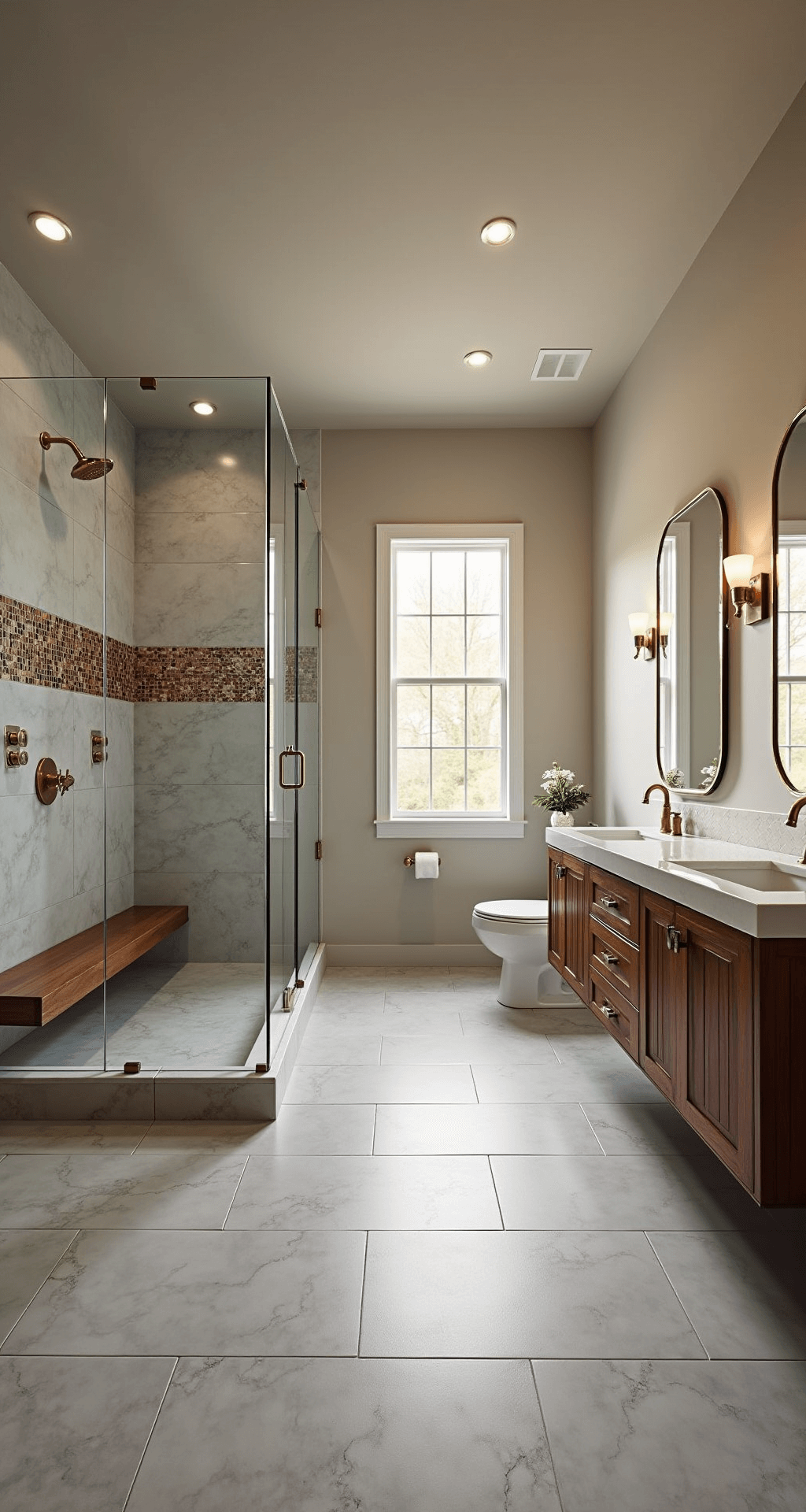 A luxurious master bathroom with marble-look porcelain tiles, a frameless shower, and a double vanity in deep walnut, captured at golden hour from an elevated corner angle.