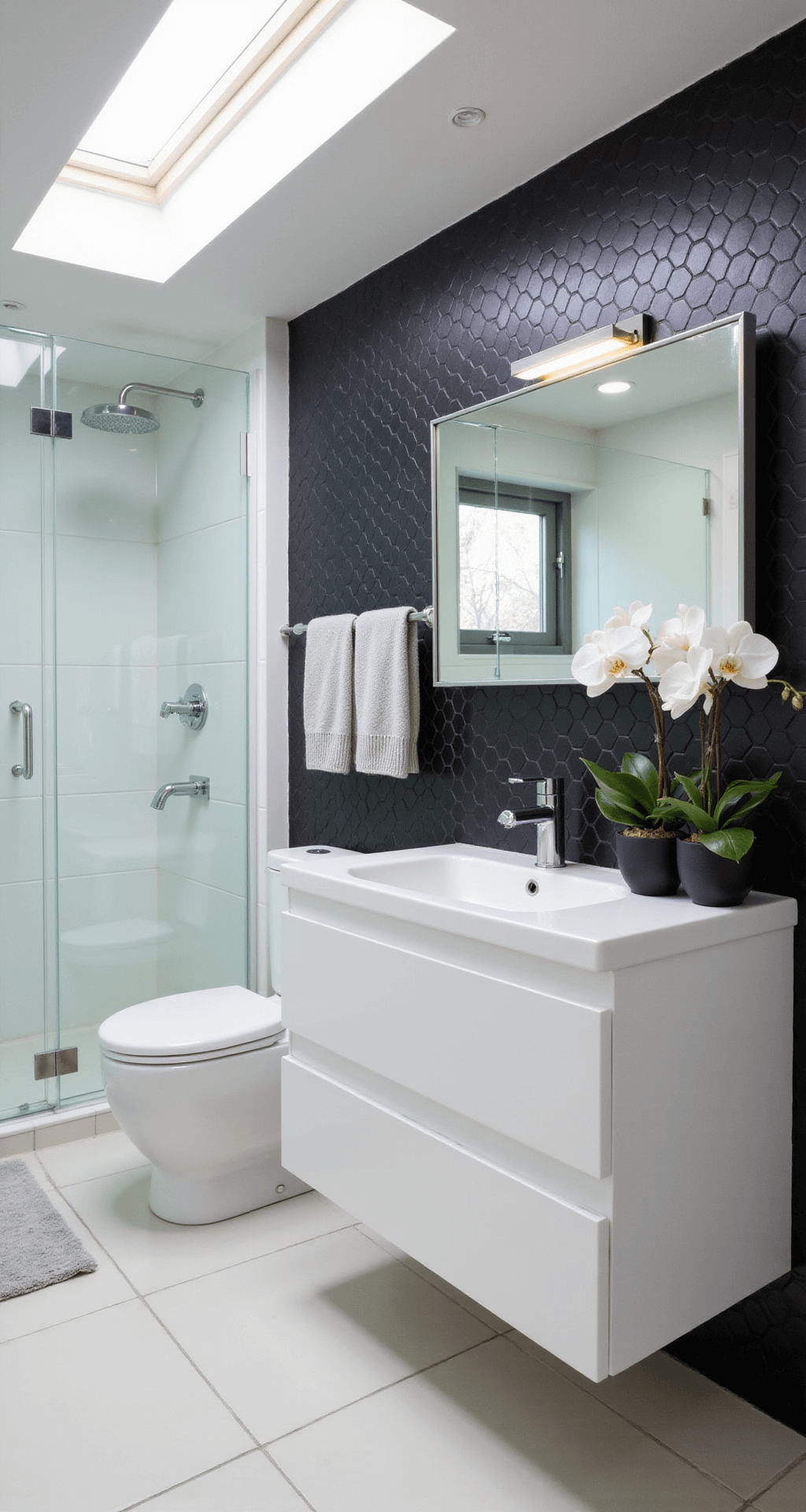 A contemporary bathroom featuring a black hexagon tile accent wall behind a white floating vanity, with skylights illuminating matte white floor tiles. The space includes a glass shower enclosure, chrome fixtures, white orchids in a black ceramic planter, and geometric light gray towels, captured from a low angle to highlight the ceiling height and architectural details.