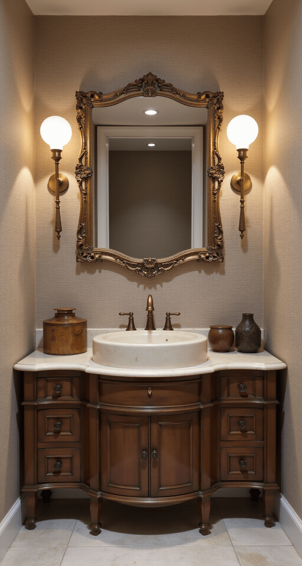 An elegant guest bathroom featuring textured grasscloth wallpaper in warm greige, limestone-look floor tiles, a vintage brass mirror above a curved cream marble-top vanity, and softly illuminated by sconces with frosted glass globes, adorned with hand-carved wooden boxes and artisanal ceramic vessels.