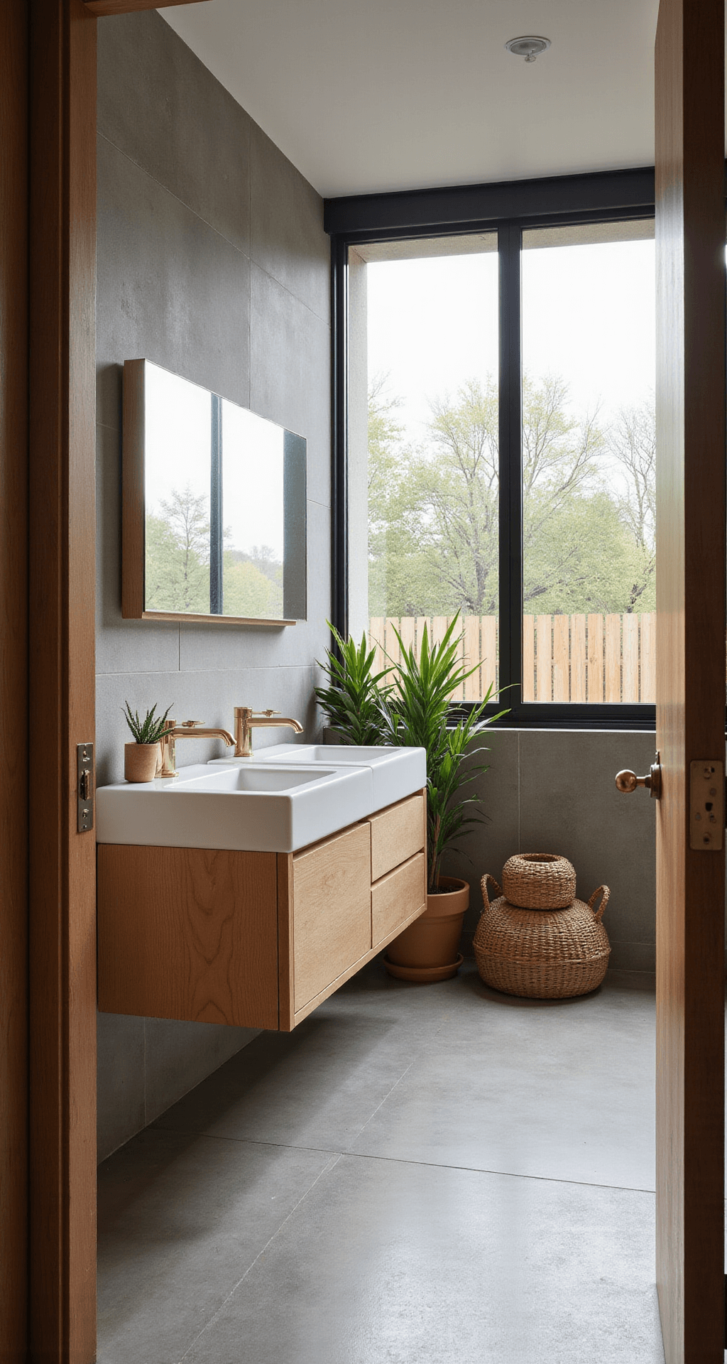 A spacious zen-inspired bathroom featuring floor-to-ceiling windows, warm gray concrete-look tiles, and a floating double vanity in bleached oak, styled with natural elements and emphasizing indoor-outdoor connection.