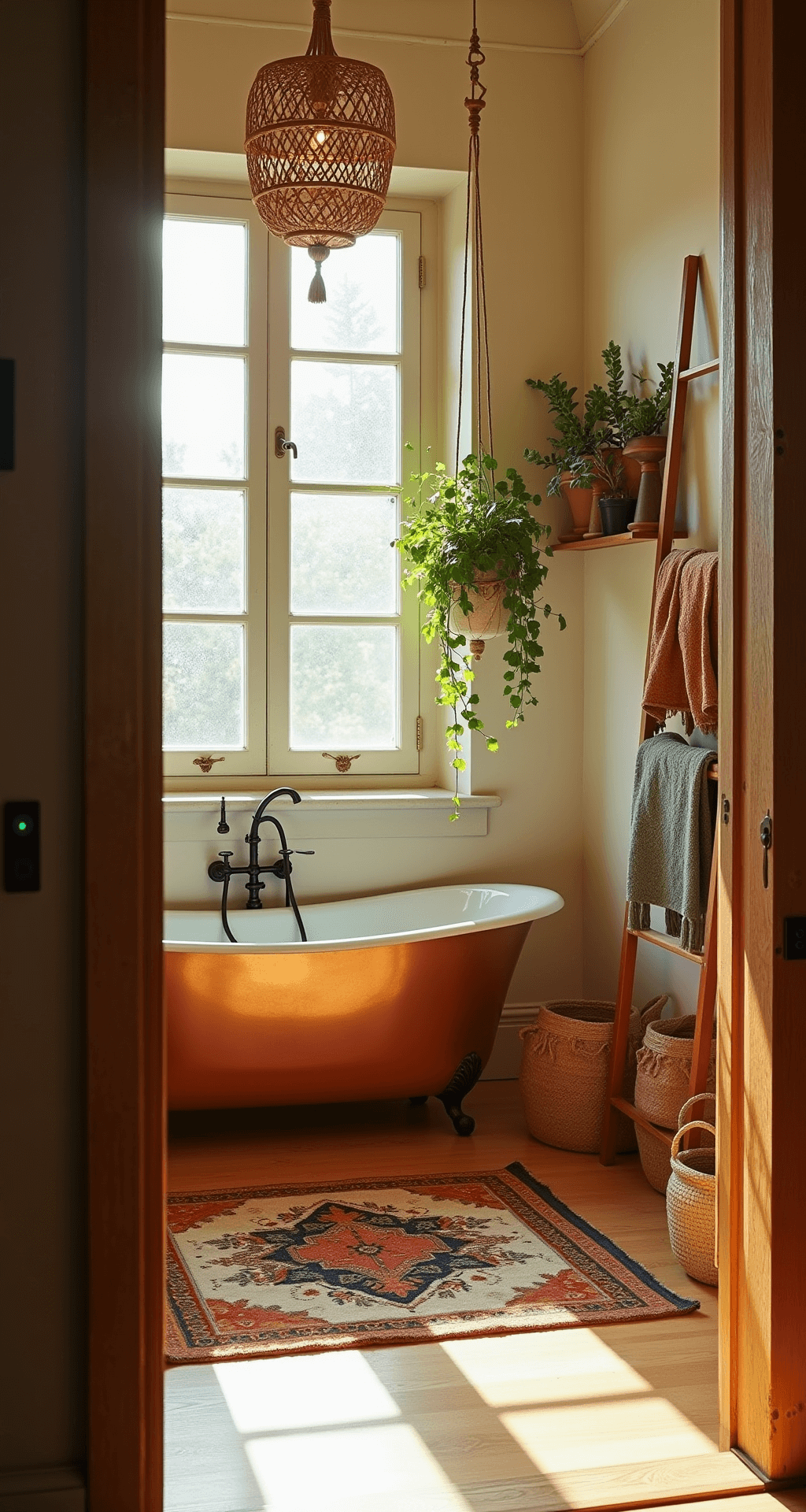 A sunlit bohemian bathroom featuring a freestanding copper bathtub against an ivory wall, macramé hangers with spider plants and ivy, a vintage Persian runner, jute baskets, and a teak ladder shelf with earth-toned Turkish towels, all illuminated by warm golden hour light.