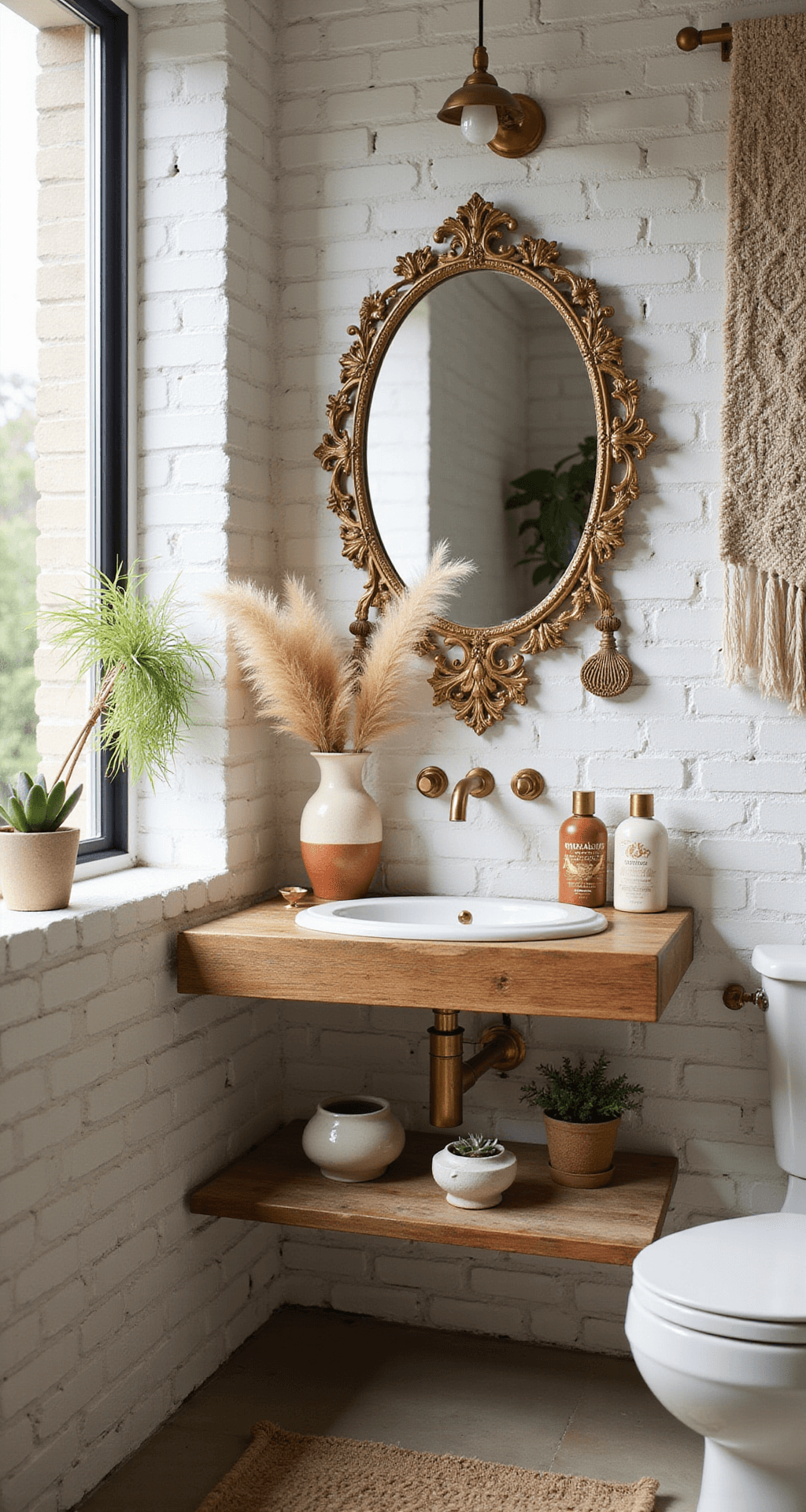 Intimate morning scene of a boho powder room featuring whitewashed brick walls, an ornate brass mirror above a floating wooden vanity, and handmade ceramic vessels with dried pampas grass. A woven wall hanging adds texture, while a Moroccan-inspired pendant casts honeycomb patterns. Small potted succulents are on reclaimed wood shelving, all illuminated by soft morning light.