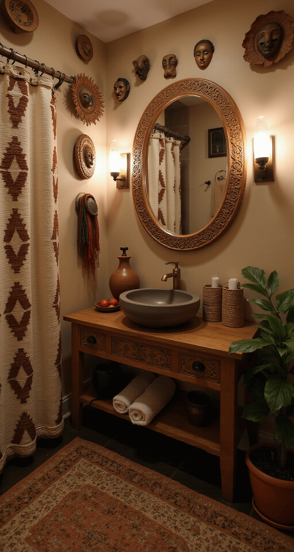 Wide-angle shot of a boho master bathroom featuring an oversized round mirror, string lights, and vintage brass sconces. A carved wooden vanity with a concrete vessel sink is highlighted by a handwoven shower curtain. Tribal masks and woven baskets decorate the walls, while potted monstera and fiddle leaf fig plants enhance the space. The scene is captured from an elevated corner angle with moody ambient lighting.