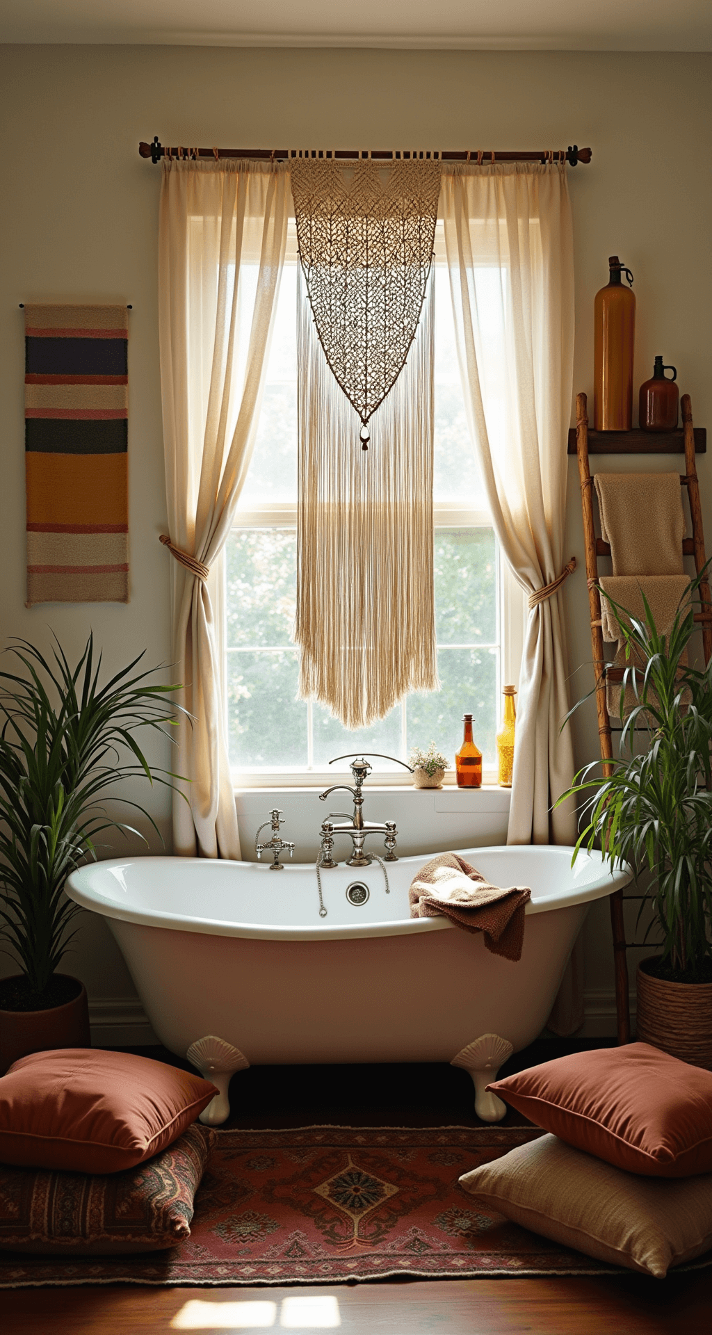 A cozy boho bathroom featuring a clawfoot tub under a window with sheer curtains, adorned with a large macramé wall hanging, vintage amber glass apothecary bottles reflecting sunlight, cognac leather Moroccan poufs, layered faded jewel-toned rugs, Turkish towels on a bamboo ladder, and dramatic shadows from nearby plants.