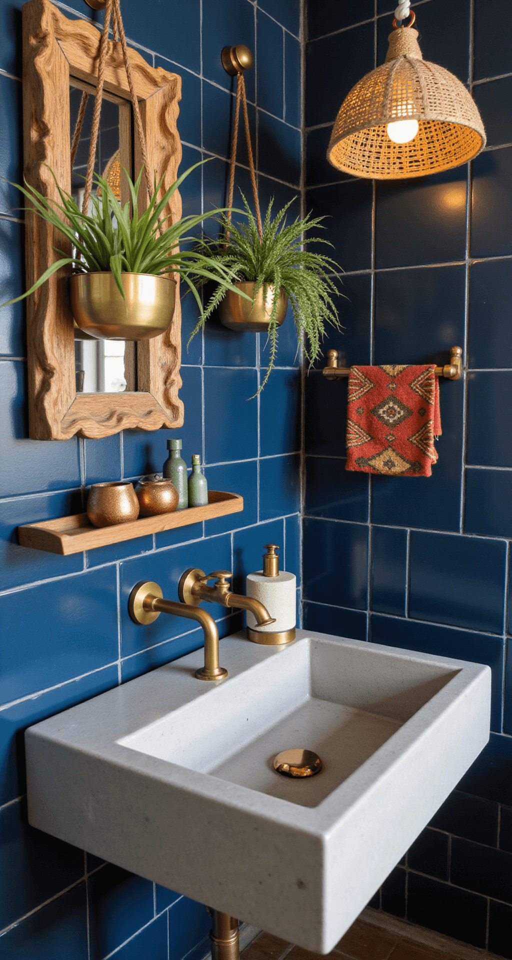 A modern boho bathroom showcasing a handmade concrete sink with brass fixtures, a midnight blue tile wall, hanging air plants in geometric brass holders, a carved wooden mirror frame, a woven pendant lamp casting patterns, and a small vintage kilim adding color, all captured with soft diffused lighting.