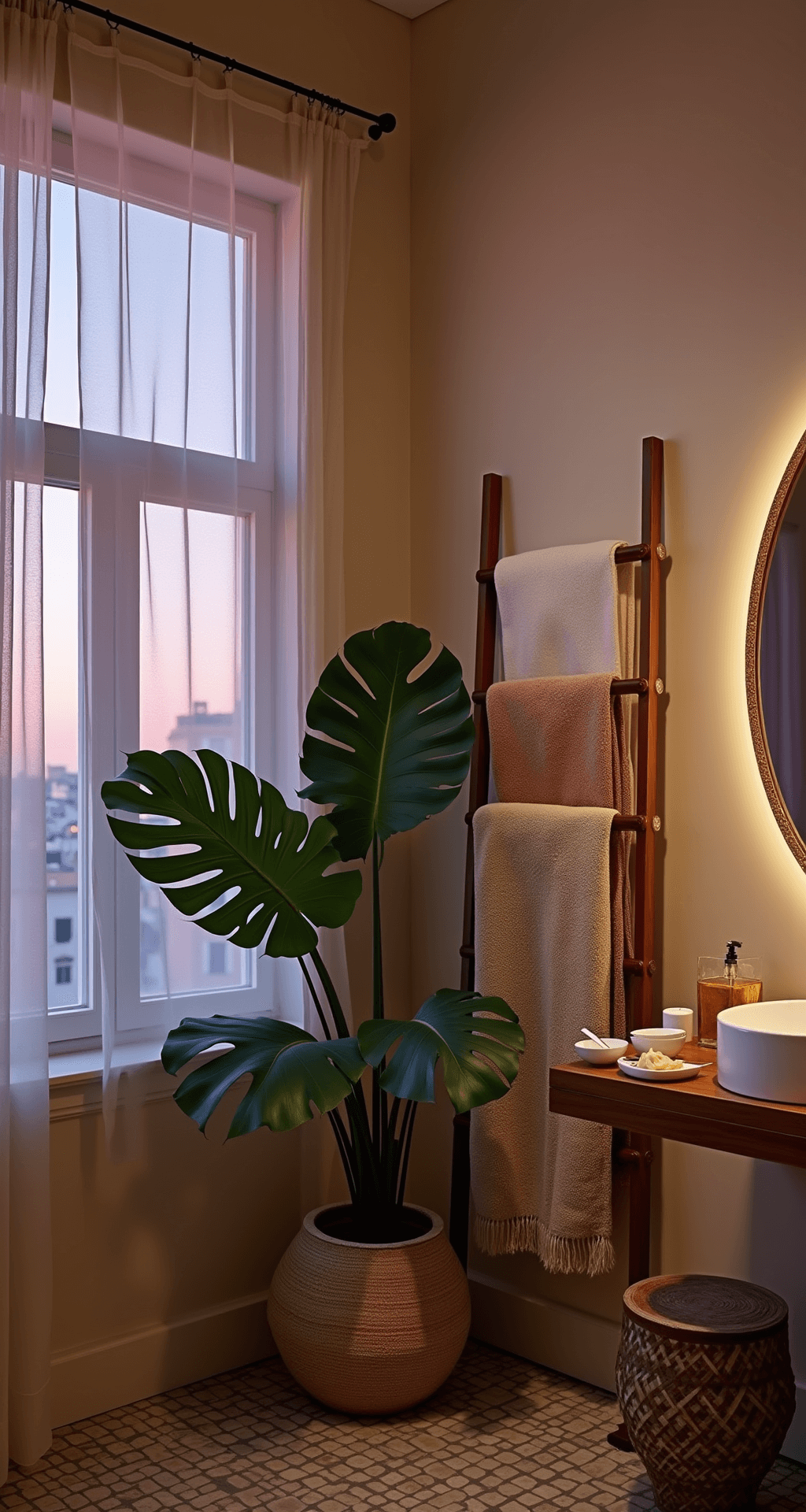 A minimalist boho bathroom corner featuring a floor-to-ceiling window with gauzy curtains, a copper towel rack with vintage textiles, a giant monstera plant casting shadows, a wooden stool with handmade soap dishes, Moroccan tiled flooring, and a rattan mirror reflecting warm lighting, photographed at twilight from a low angle.