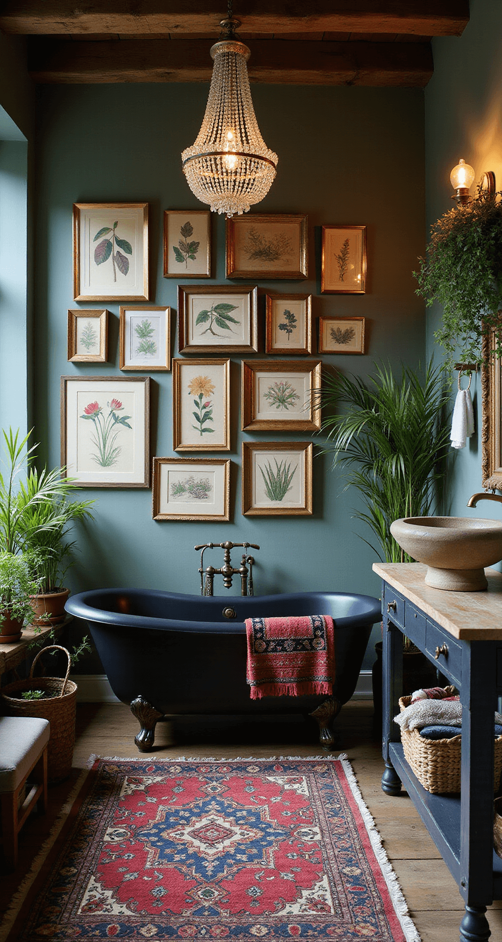 Eclectic boho bathroom featuring a matte black clawfoot tub, vintage botanical prints in brass frames, a glamorous crystal chandelier, jewel-toned Turkish rugs, a rustic stone sink on a wooden vanity, and lush potted palms and ferns, captured in moody natural light.