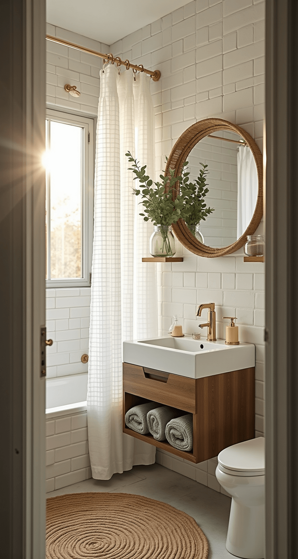 Apartment Bathroom Decor: Transform Your Small Space into a Stylish Sanctuary A sunlit bathroom featuring white subway tiles and brass fixtures, with asymmetrical glass shelves holding eucalyptus sprigs, a billowing shower curtain, a round rattan mirror above a modern vanity, sage green towels, and a jute rug over hex tiles, all captured in a warm, airy ambiance.