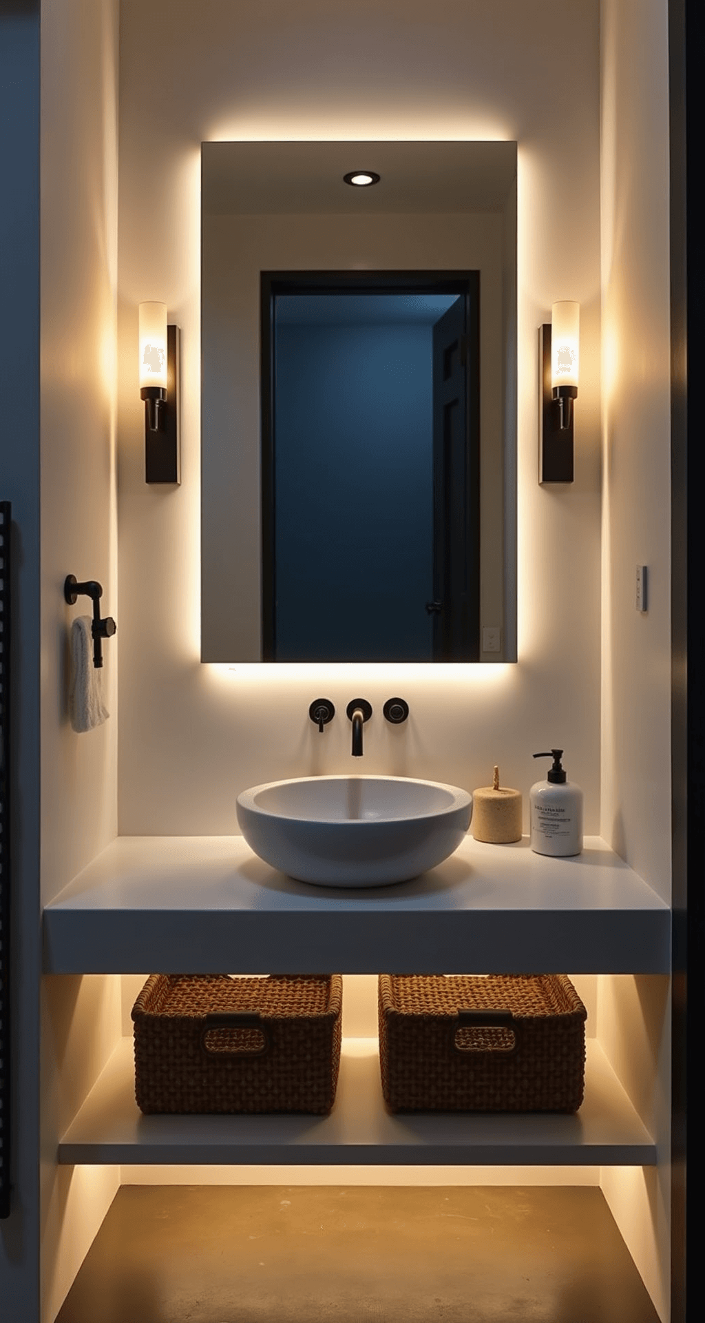 Apartment Bathroom Decor: Transform Your Small Space into a Stylish Sanctuary Dramatic bathroom scene at dusk featuring a well-lit vanity with a circular vessel sink, large frameless mirror, and warm brass sconces, accented by matte black hardware and woven storage baskets, highlighting modern minimalist design with vintage touches.