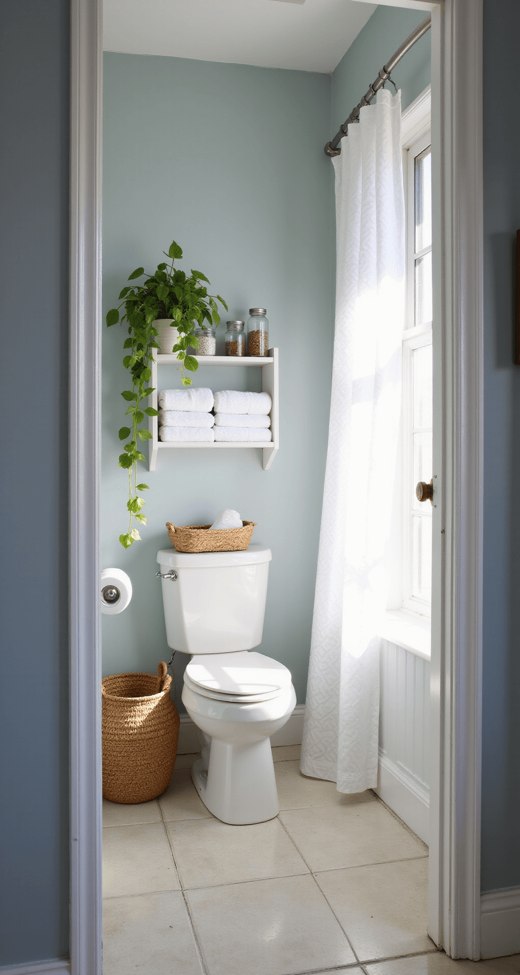Apartment Bathroom Decor: Transform Your Small Space into a Stylish Sanctuary Sun-drenched bathroom sanctuary with pale blue-gray walls, featuring a styled étagère, white towels, glass canisters, and pothos plants, alongside a rattan hamper and a white geometric-patterned shower curtain, illuminated by early morning light.