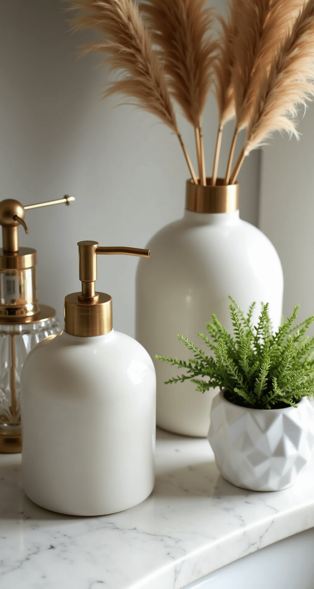 Apartment Bathroom Decor: Transform Your Small Space into a Stylish Sanctuary Intimate vanity scene in soft afternoon light featuring a marble countertop with an alabaster soap dispenser, brass accessories, and a glass vessel holding dried pampas grass, alongside a textured white ceramic planter with a maidenhair fern, all captured from above to emphasize composition and material richness.