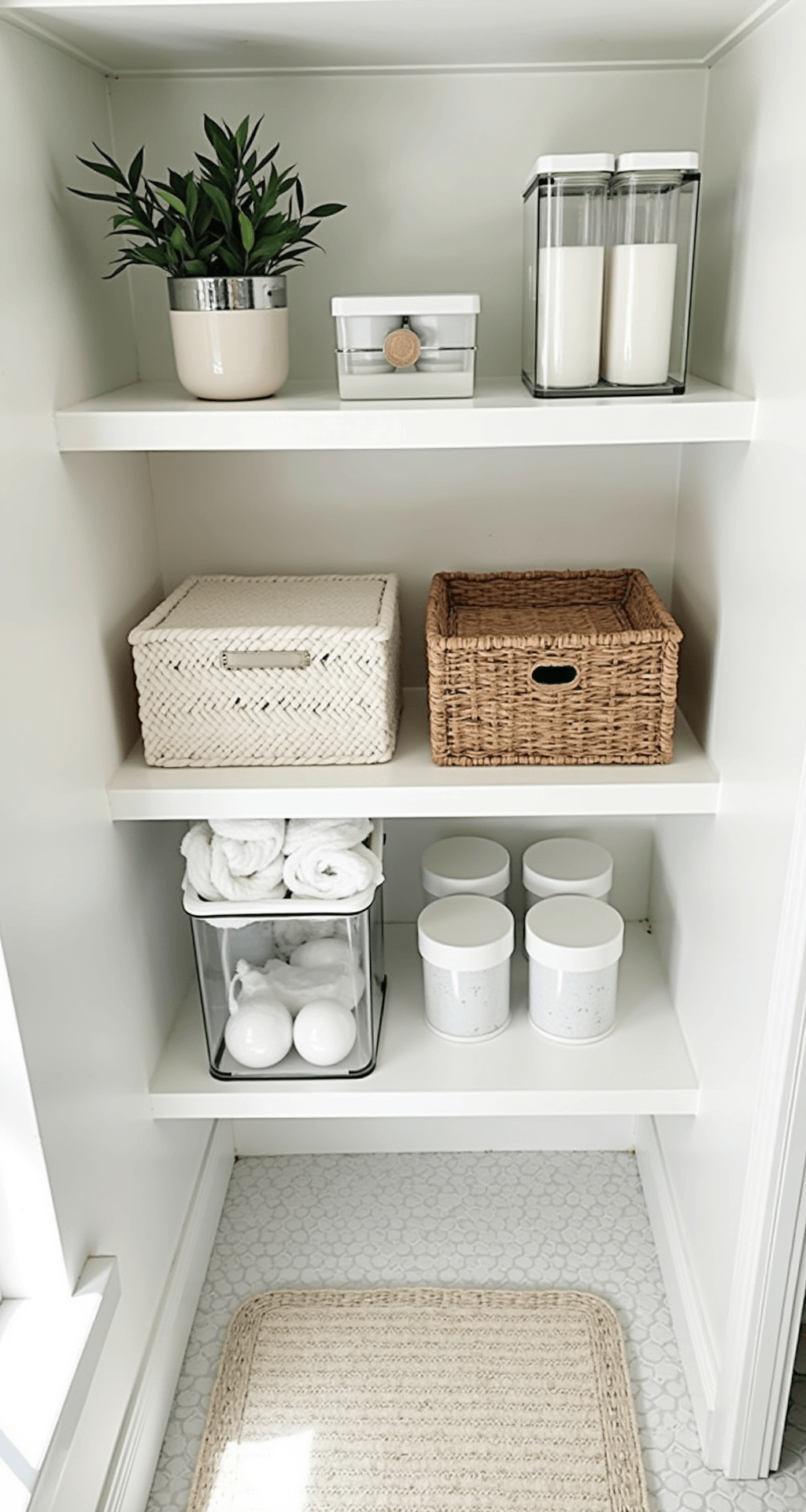 Apartment Bathroom Decor: Transform Your Small Space into a Stylish Sanctuary Overhead view of a small bathroom showcasing white floating shelves, clear acrylic organizers, and woven storage baskets for efficient storage; features a pale wood bath mat on white hex tile floor, emphasizing clean lines and organized layout.