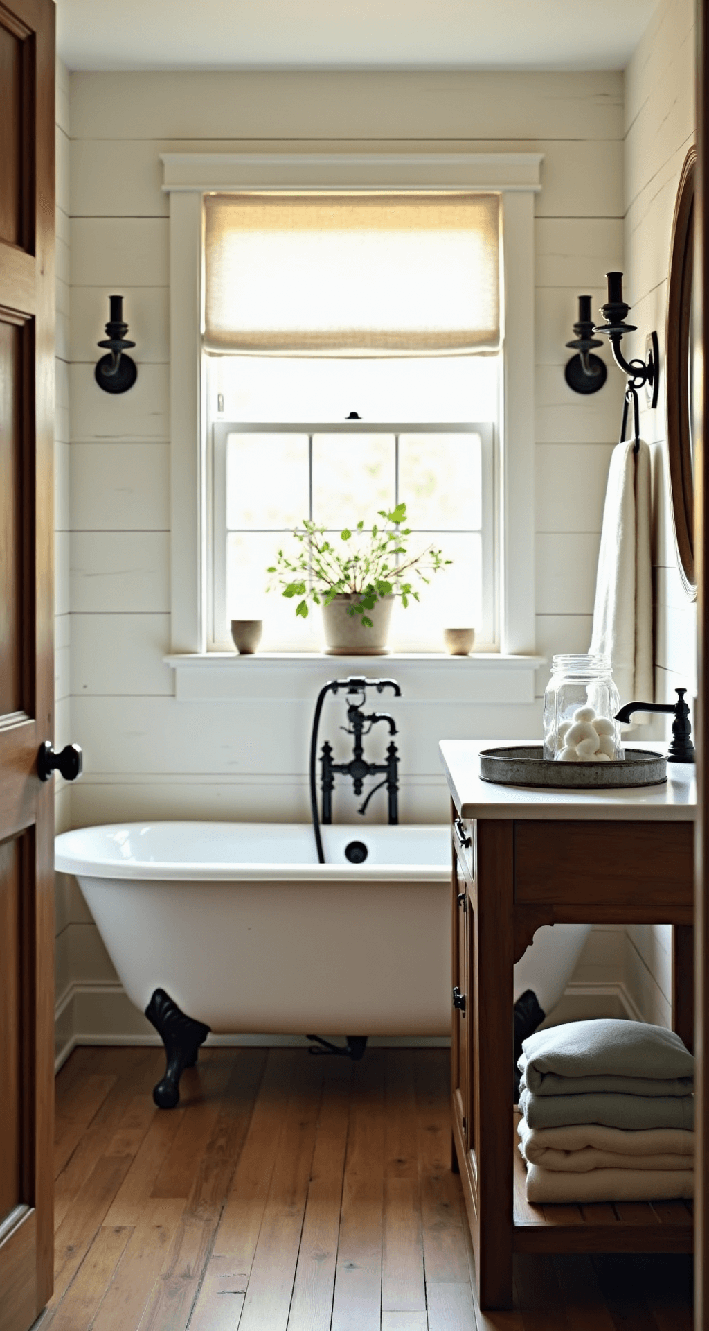 Farmhouse Bathroom Decor: Transform Your Space with Rustic Charm and Timeless Elegance A sunlit farmhouse bathroom with shiplap walls, weathered oak flooring, a freestanding clawfoot tub, and vintage black metal sconces, featuring stacked Turkish towels and mason jars on a galvanized tray, all captured in warm golden hour light.